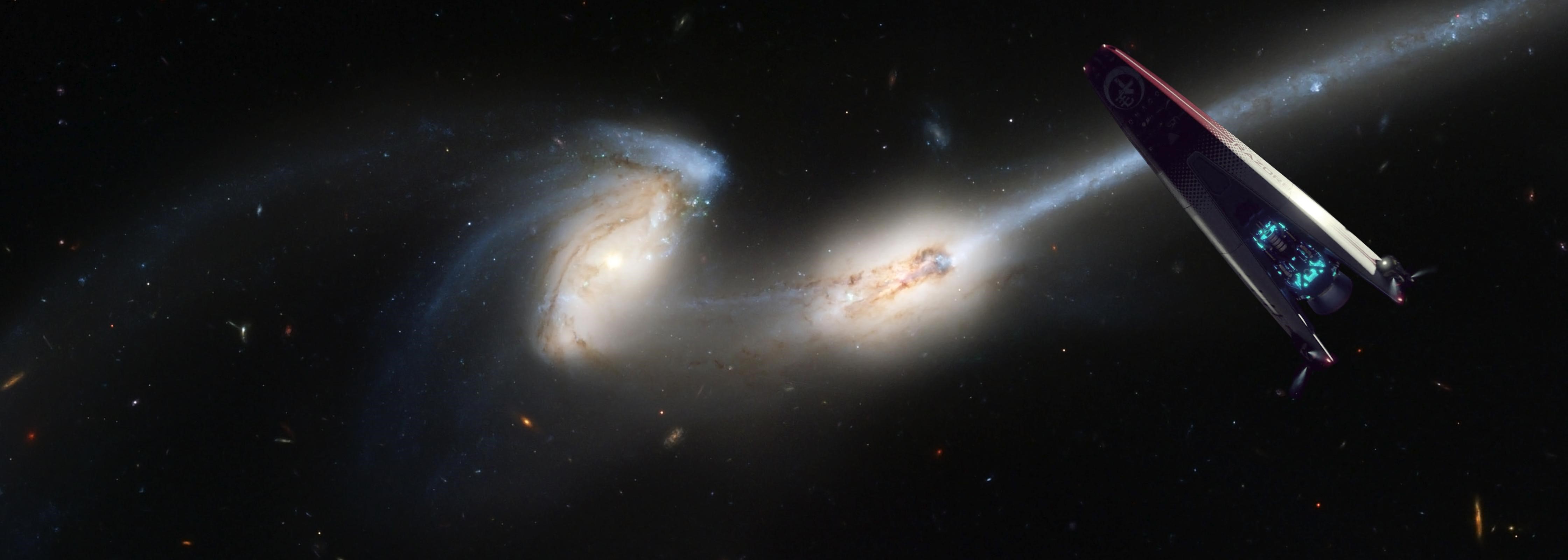 Spaceship near interacting galaxies HD Wallpaper
