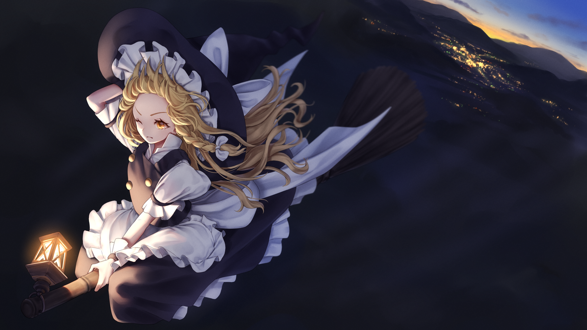 Kirisame Marisa from Touhou flying on a broomstick HD Wallpaper