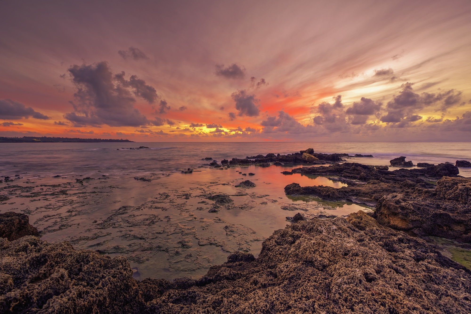 Sunset over rocky coast and sea HD Wallpaper