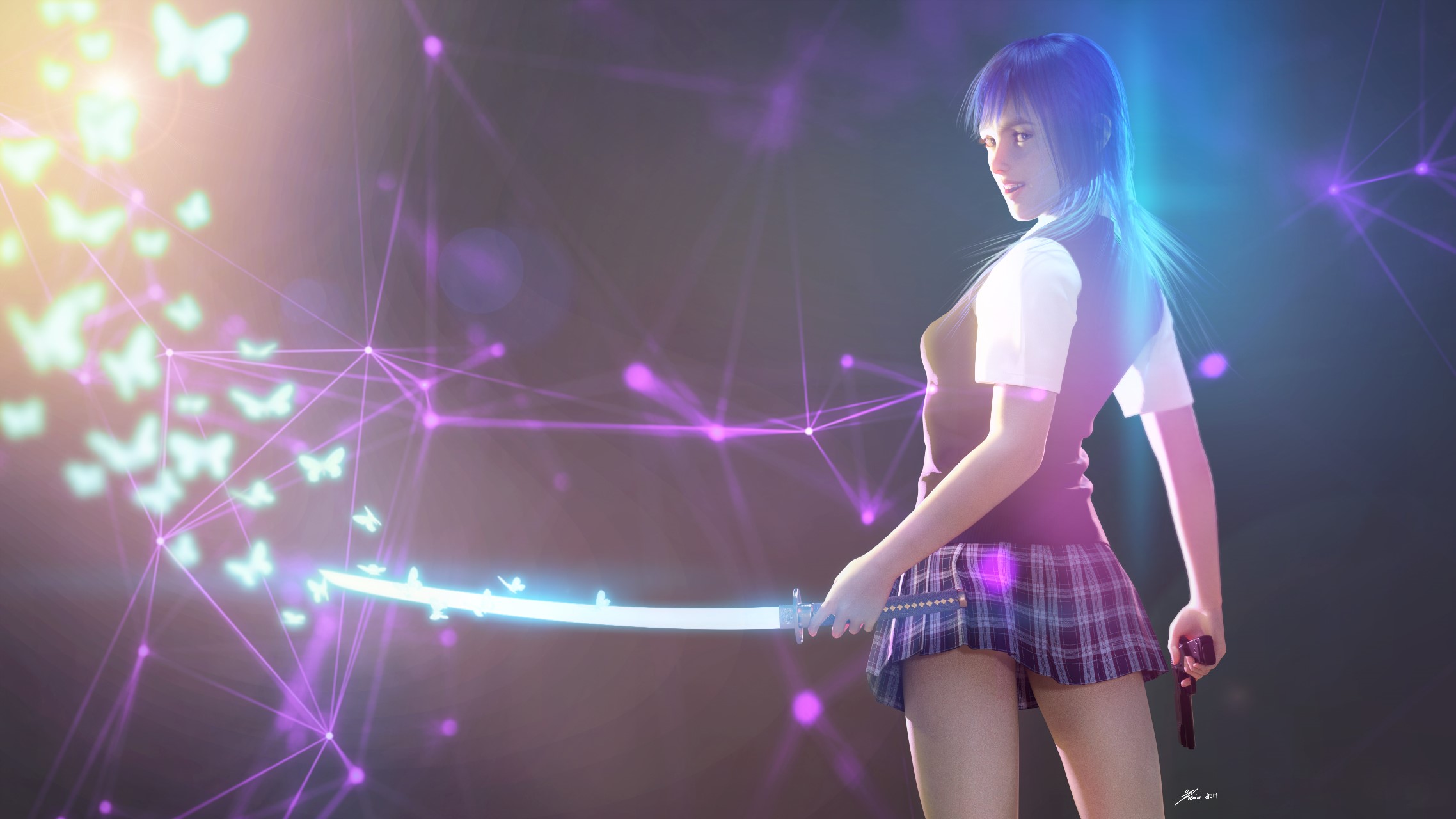 School Uniform Girl with Blue Hair and Katana by Kev-Art HD Wallpaper