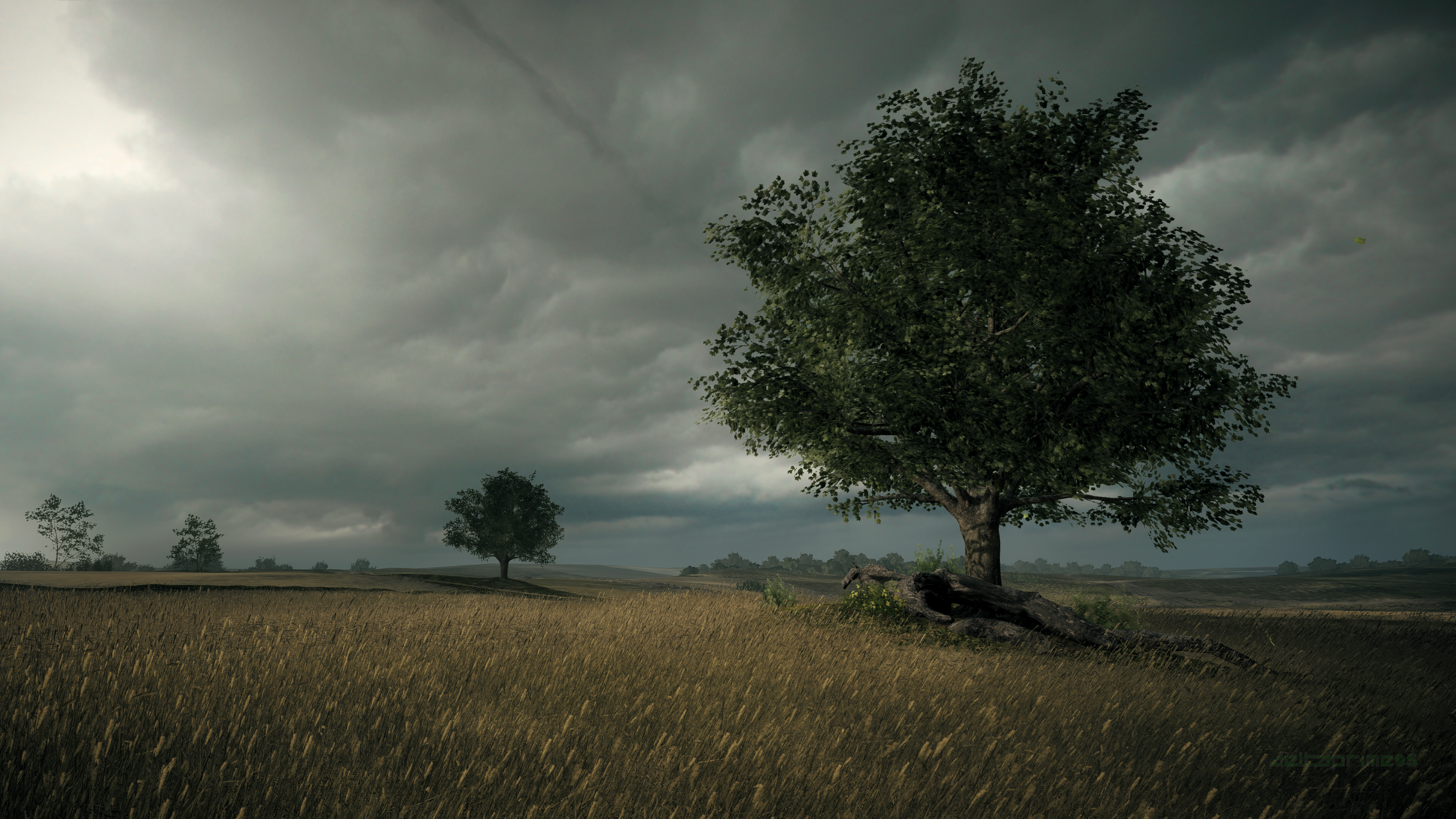 Battlefield 1 screenshot of a field with trees under stormy clouds HD Wallpaper
