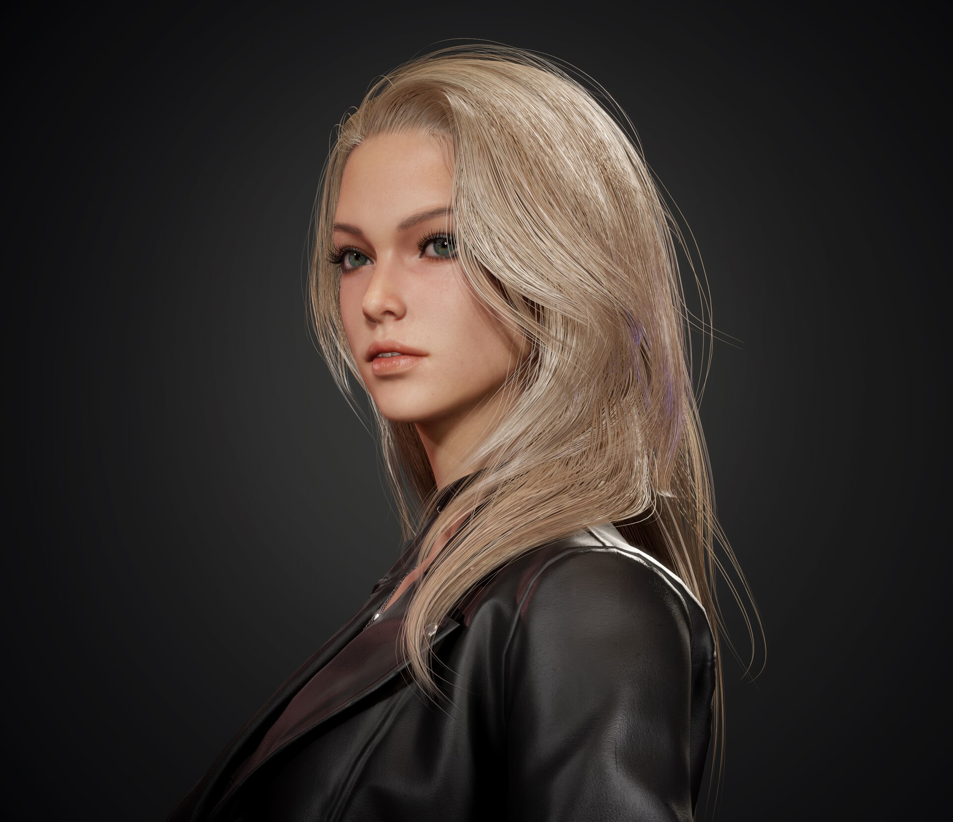 Realistic CGI portrait of a blonde woman in a leather jacket HD Wallpaper