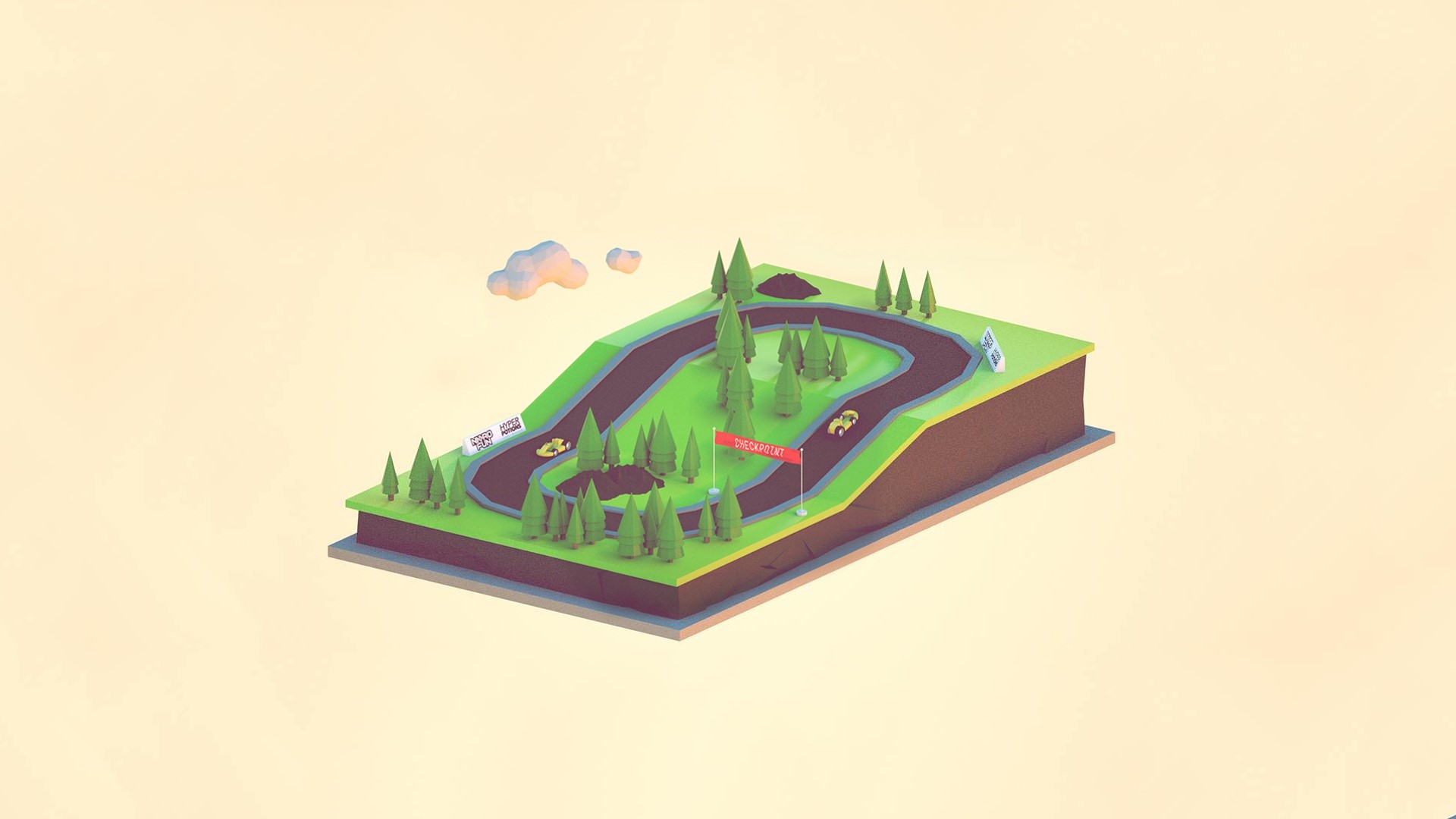 Low poly race track with cars and trees HD Wallpaper