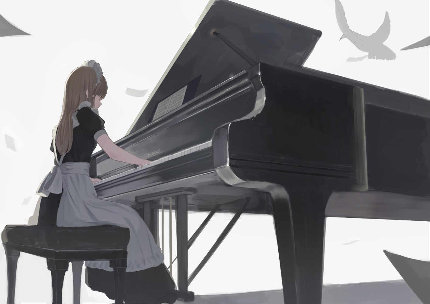 Anime maid playing a grand piano HD Wallpaper