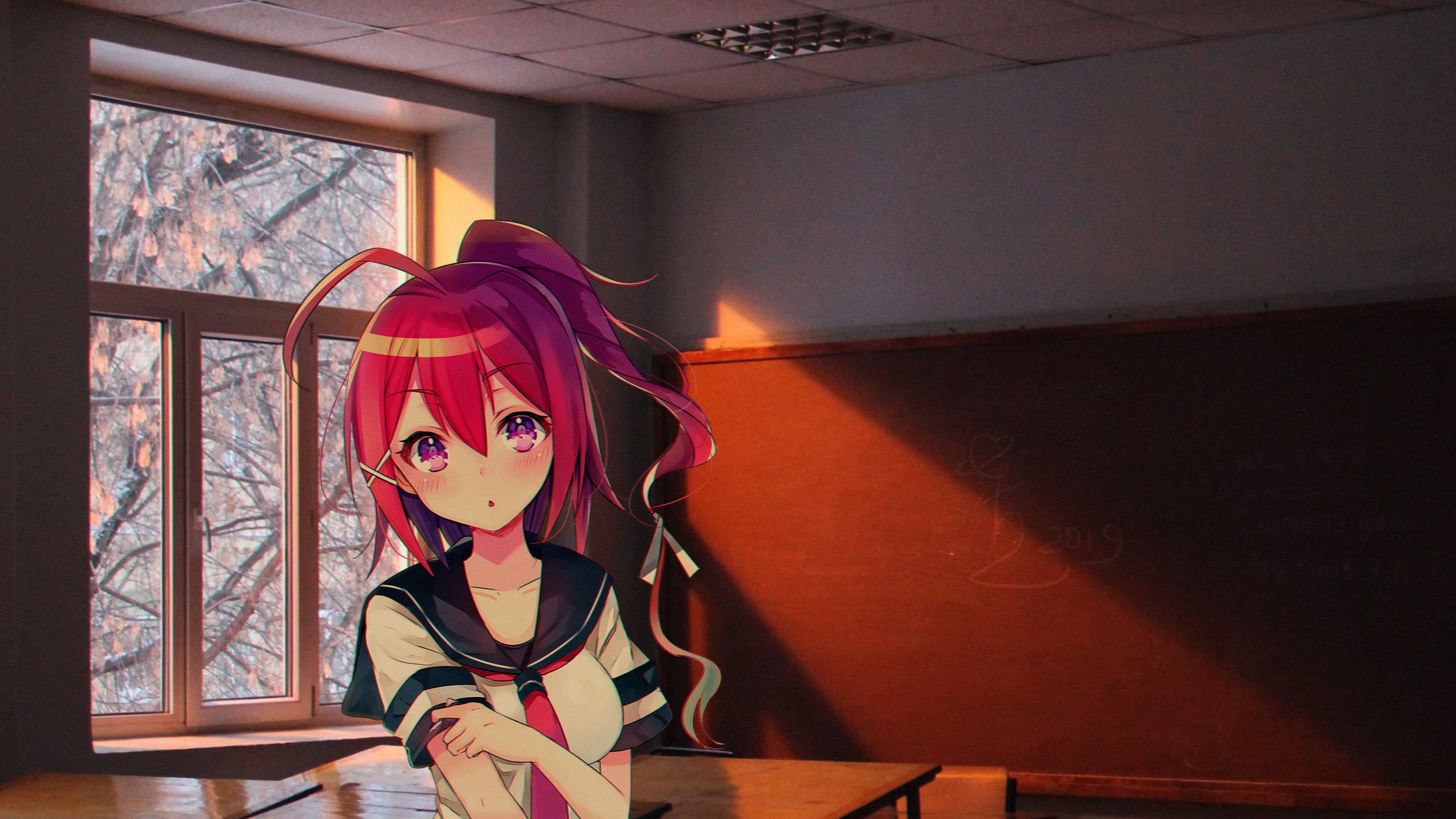 Anime girl in school uniform by the window HD Wallpaper