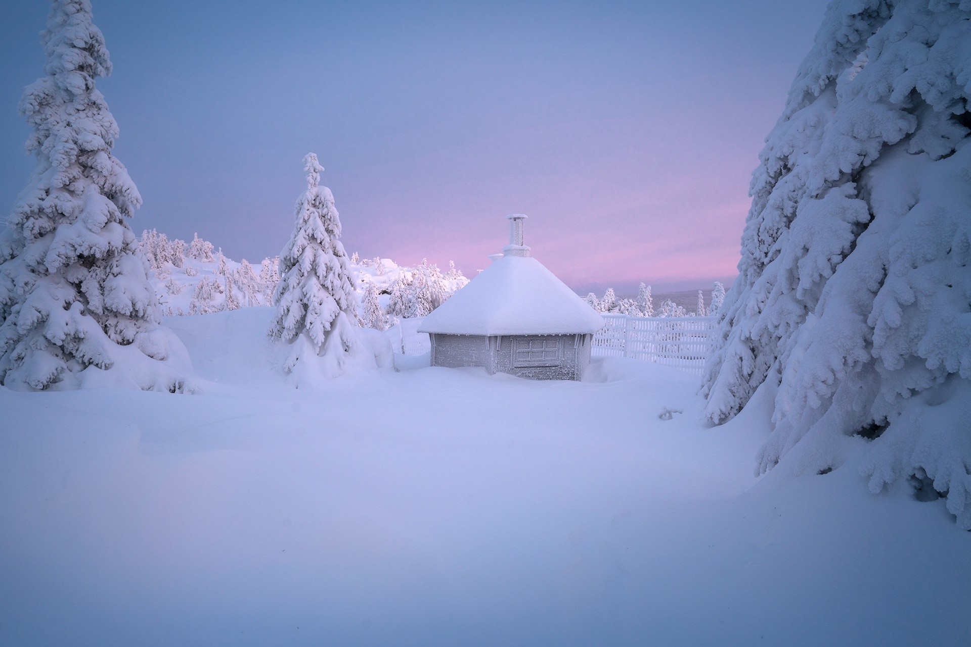 Snow-covered hut and trees in winter landscape HD Wallpaper
