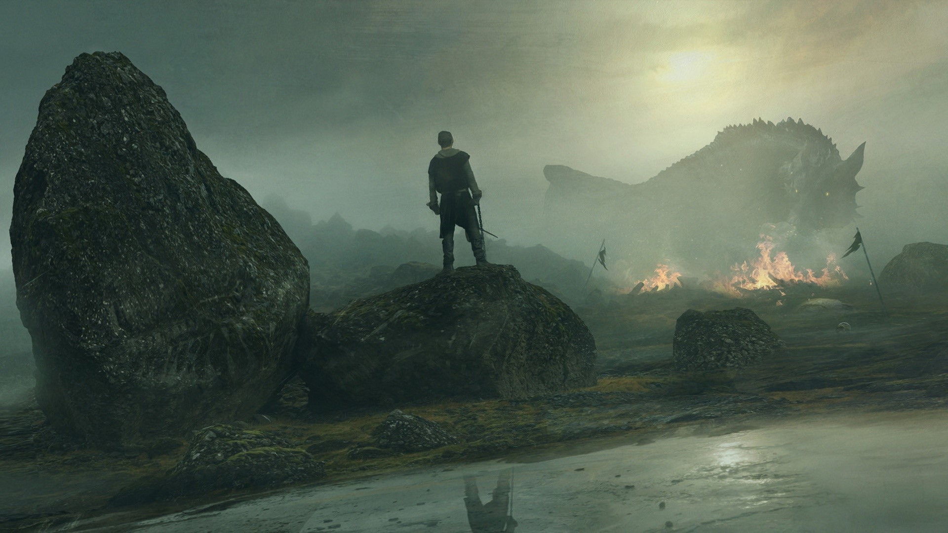 Man faces dragon in a misty, fiery landscape HD Wallpaper