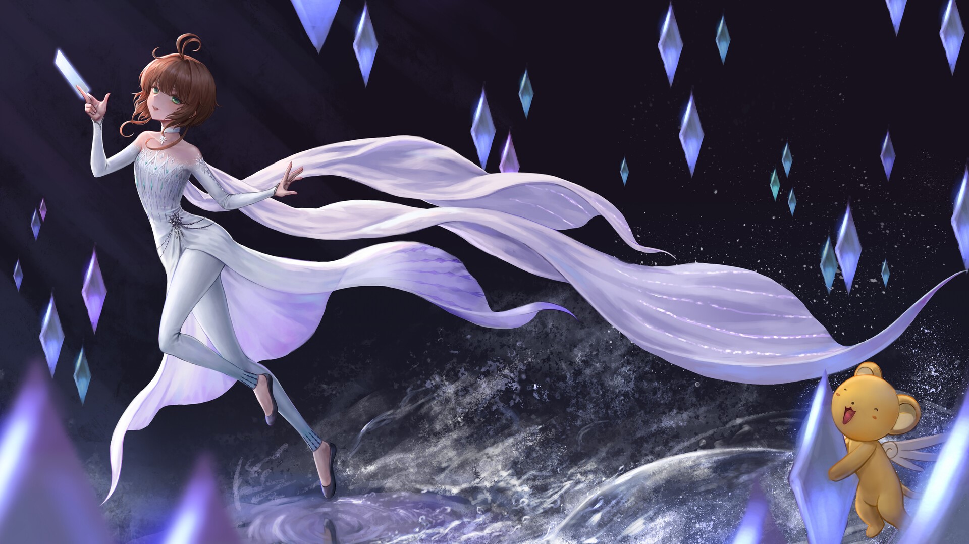 Anime girl with flowing dress and Kero from Cardcaptor Sakura HD Wallpaper