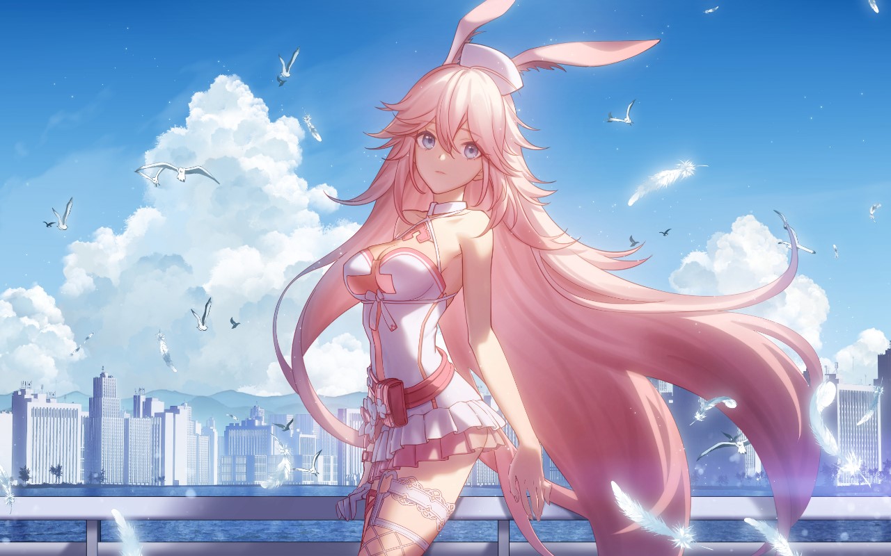 Yae Sakura from Honkai Impact 3rd with cityscape and seagulls HD Wallpaper