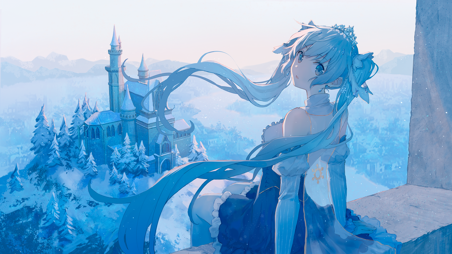 Anime girl with blue hair and castle in winter landscape HD Wallpaper