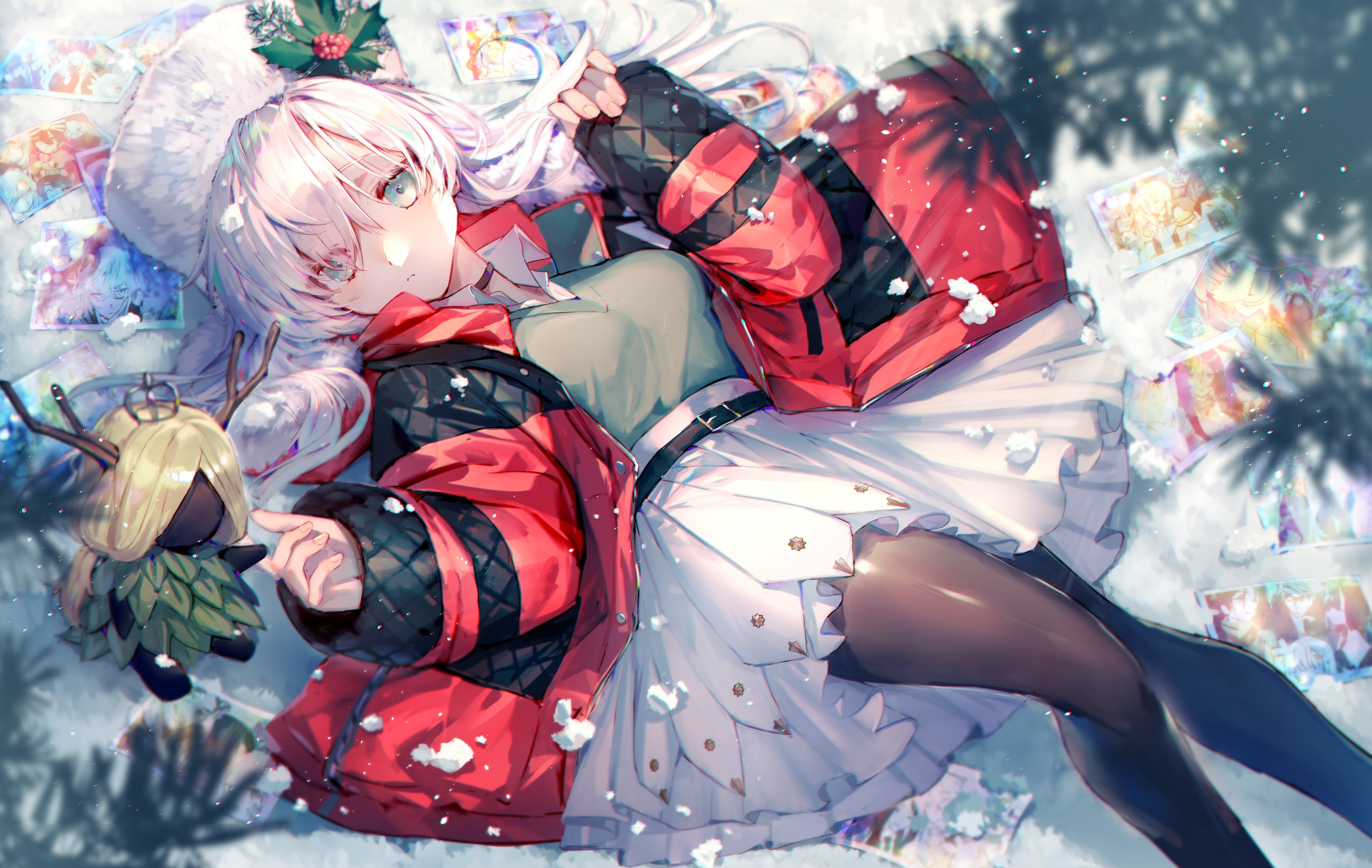 Anime girl with pink hair and Christmas outfit lying in snow HD Wallpaper