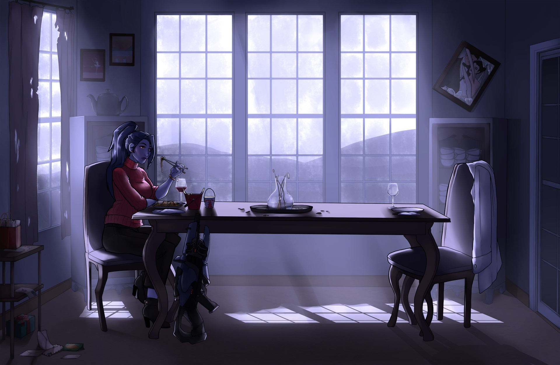 Widowmaker from Overwatch eating at a table HD Wallpaper