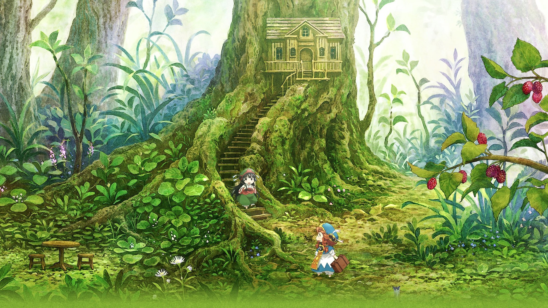 Hakumei to Mikochi characters in a forest treehouse HD Wallpaper