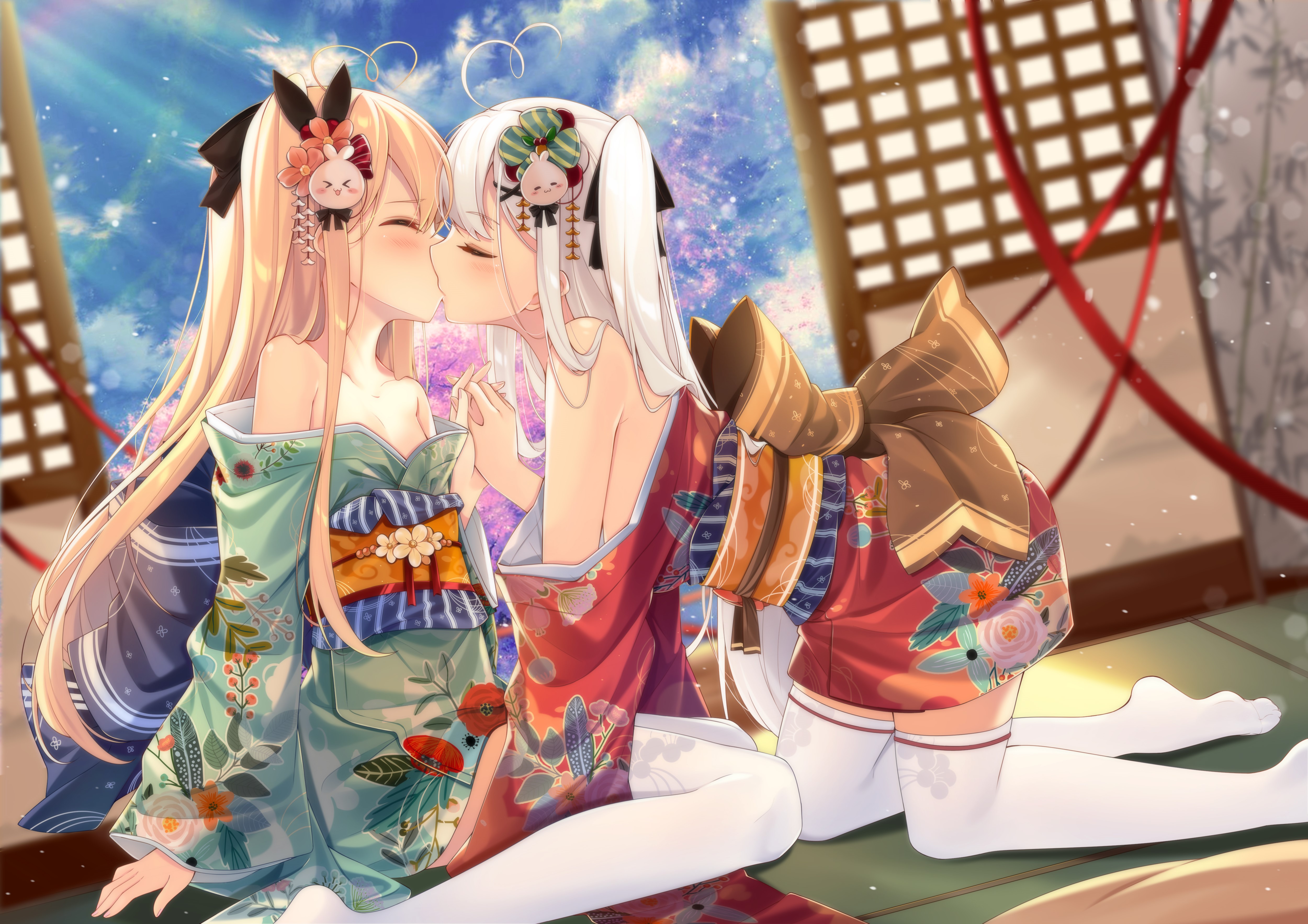 Anime girls in kimonos kissing HD Wallpaper