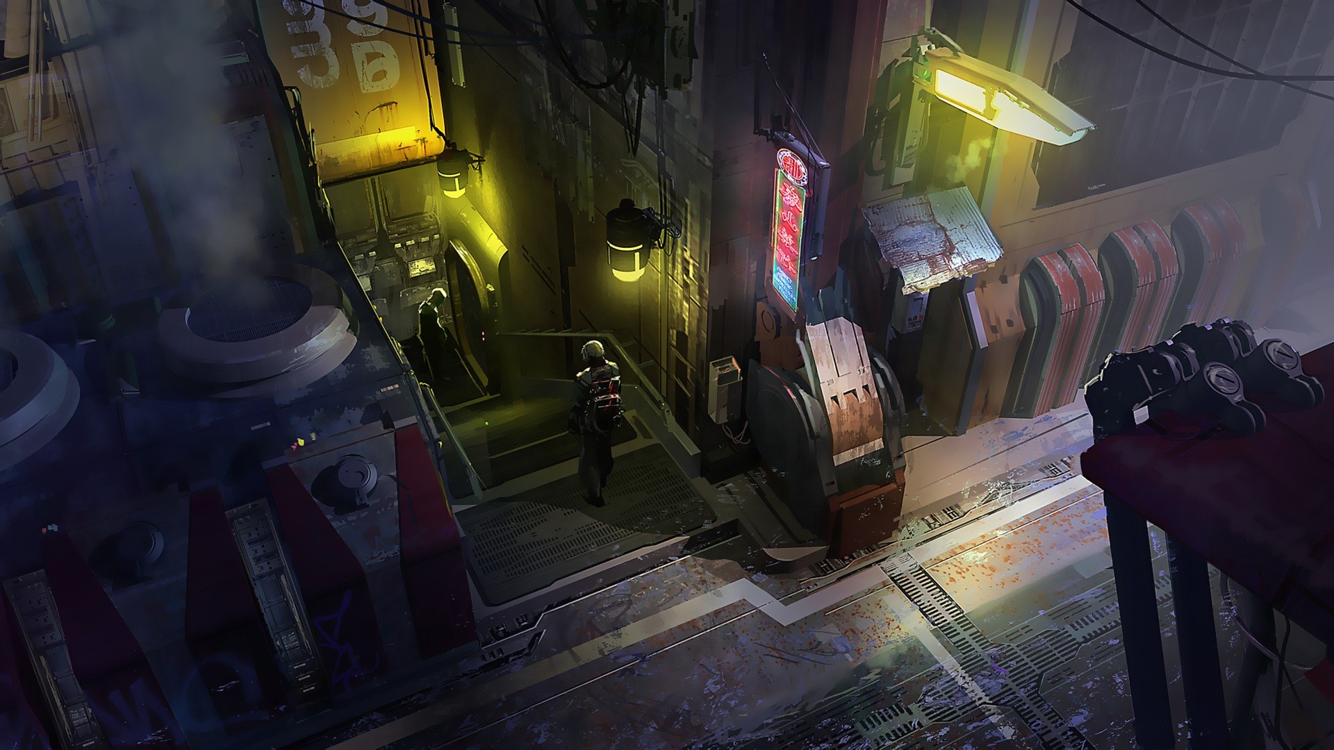 Futuristic urban alleyway with figures HD Wallpaper