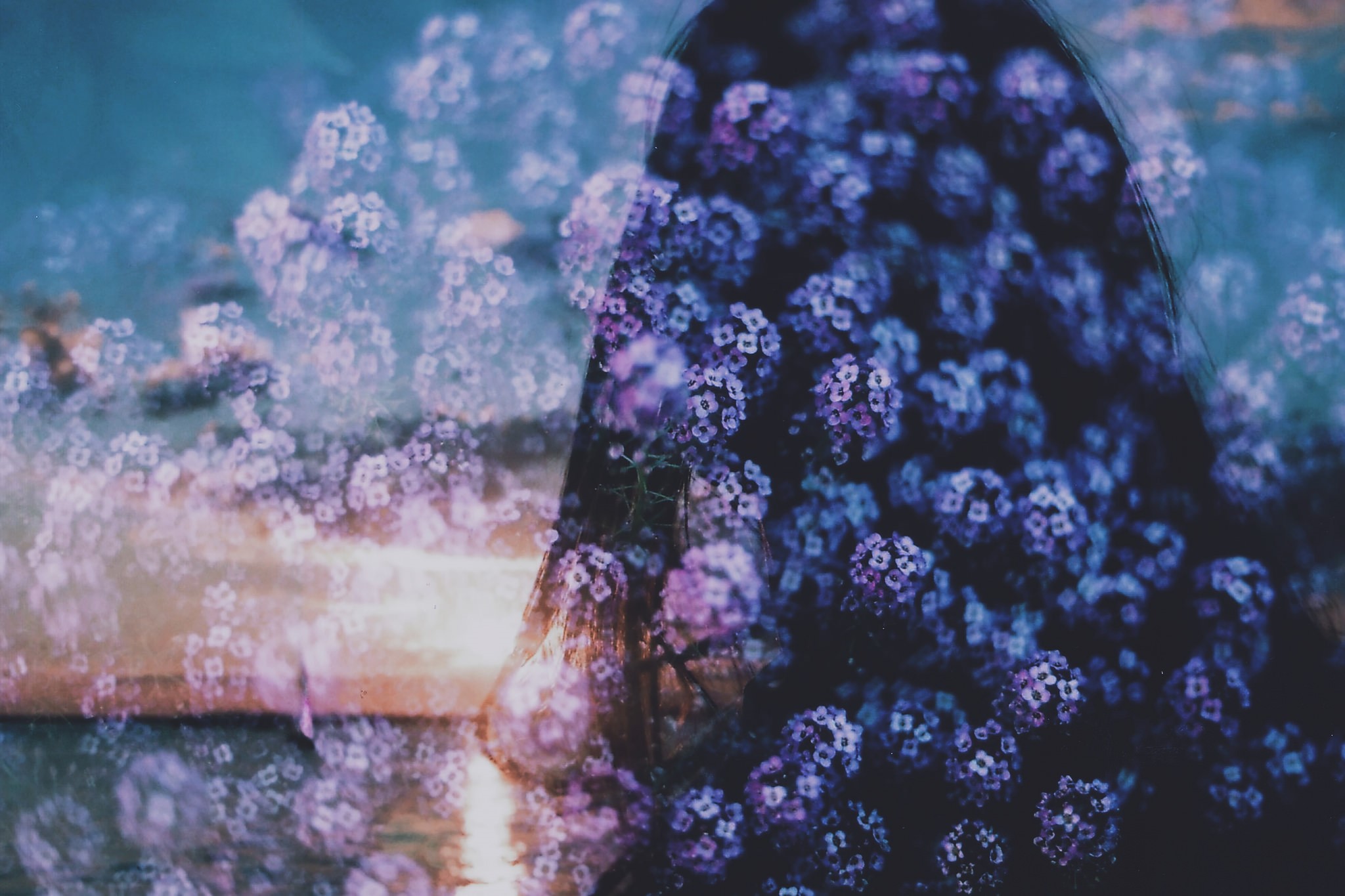 Double exposure of a woman and purple flowers HD Wallpaper