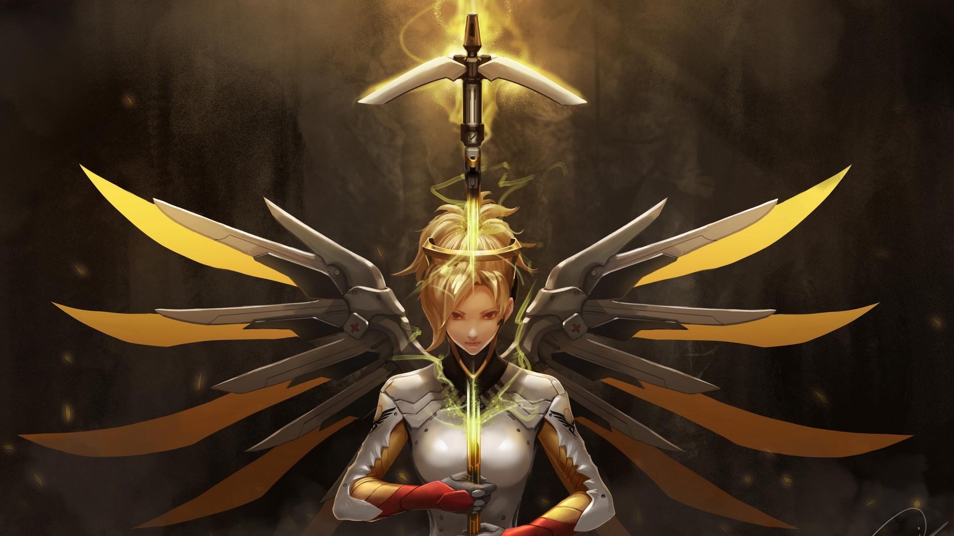 Mercy from Overwatch holding a staff with wings HD Wallpaper