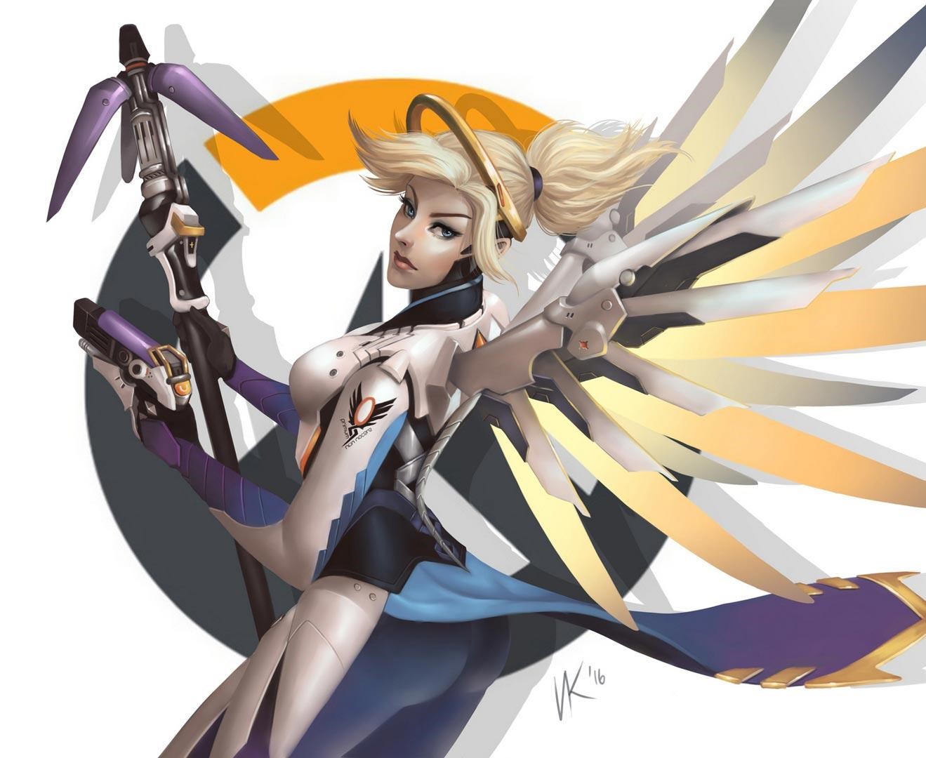 Mercy from Overwatch with wings and staff HD Wallpaper