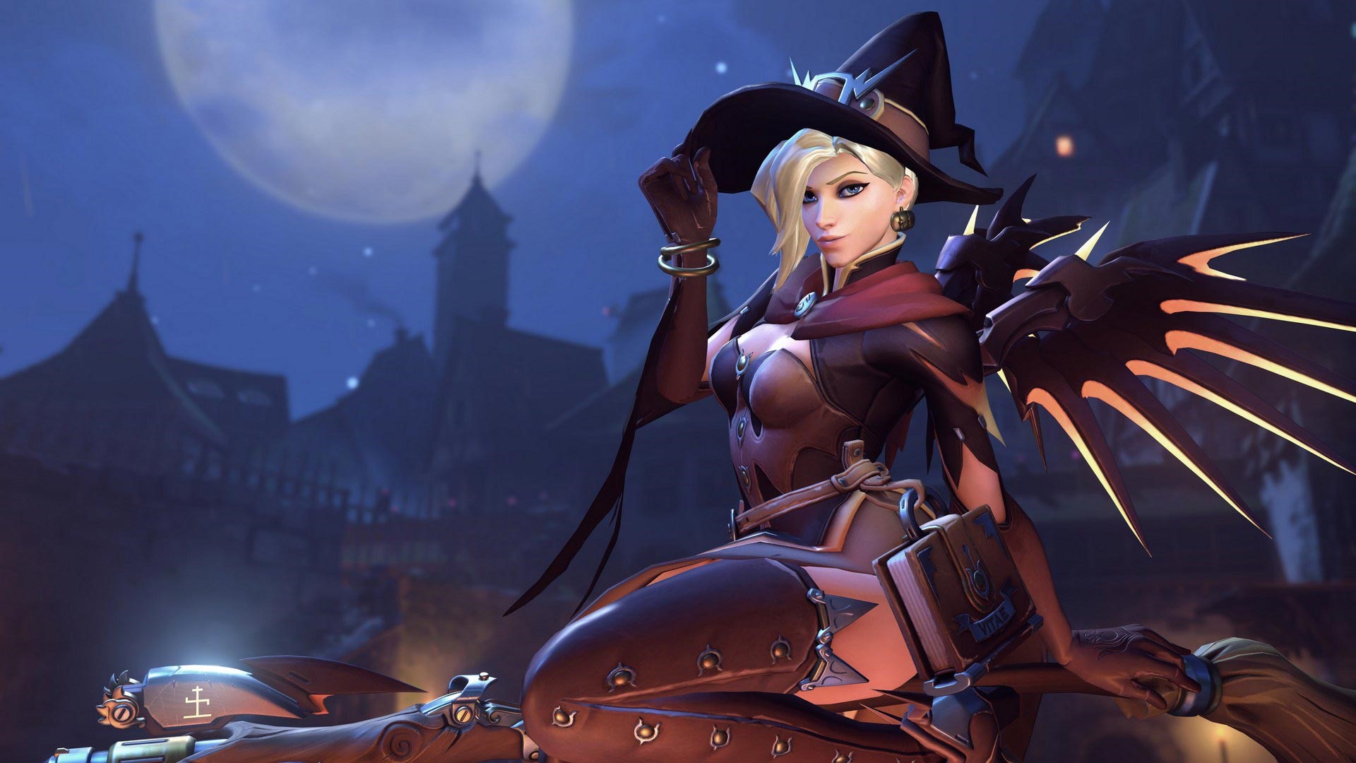 Witch Mercy from Overwatch on a broomstick HD Wallpaper