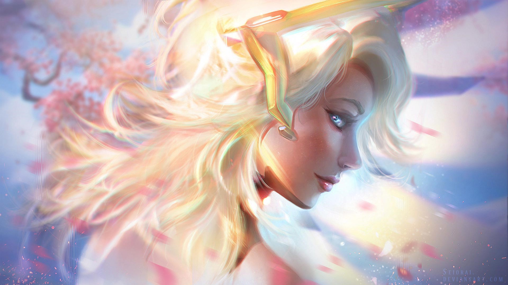 Mercy from Overwatch with cherry blossoms HD Wallpaper