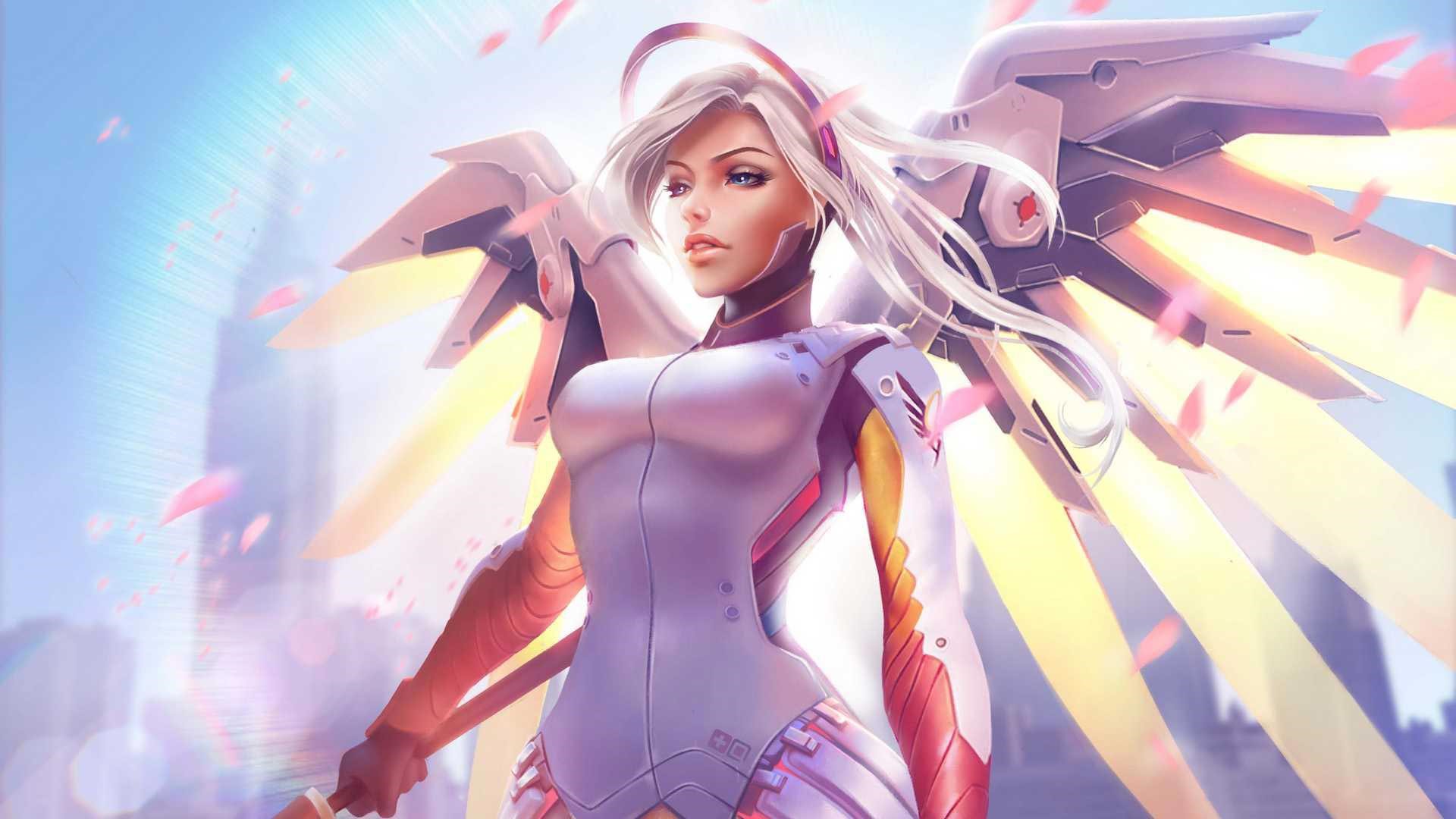 Mercy from Overwatch with mechanical wings HD Wallpaper