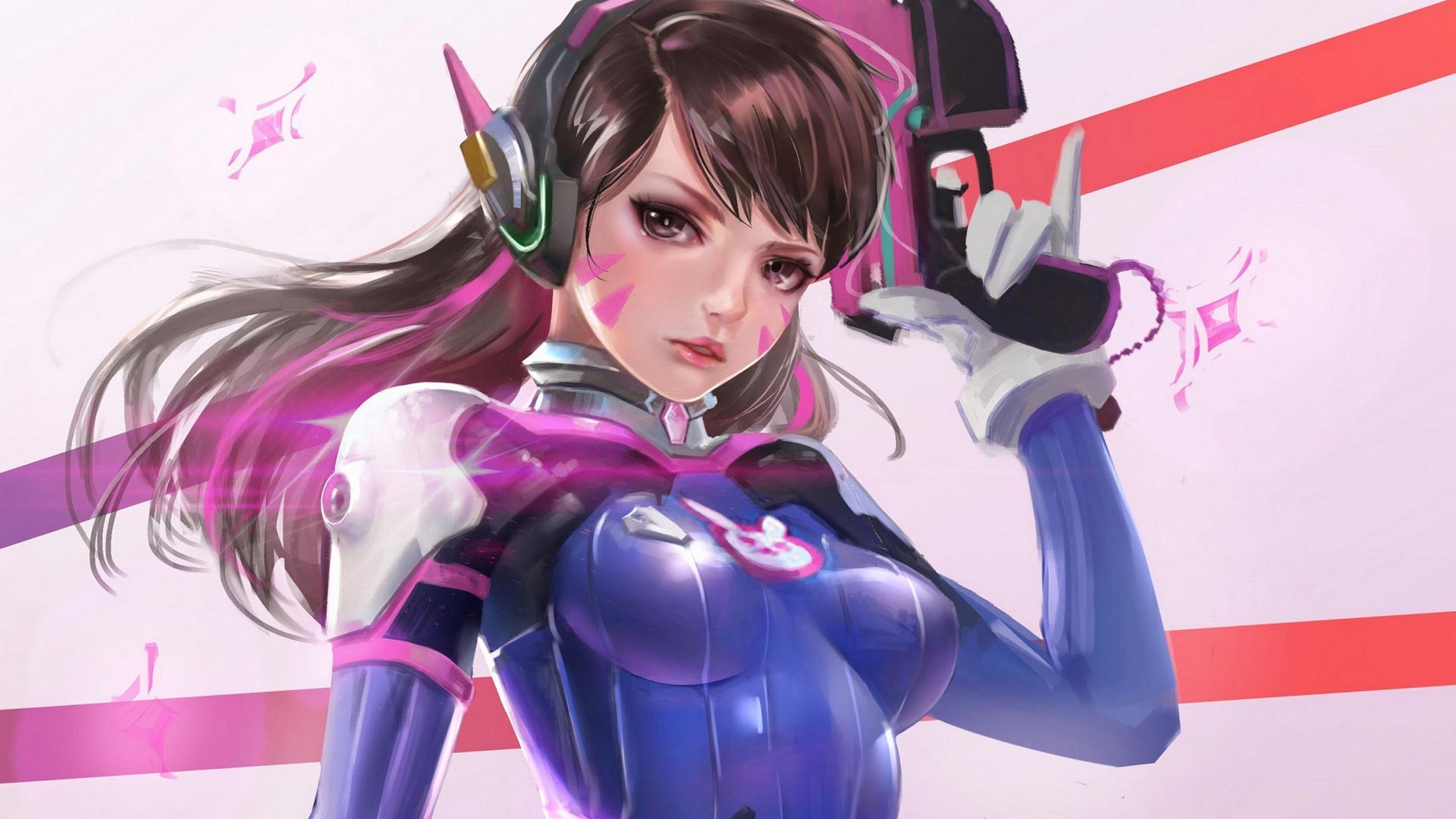 D.Va from Overwatch in a blue and pink bodysuit HD Wallpaper