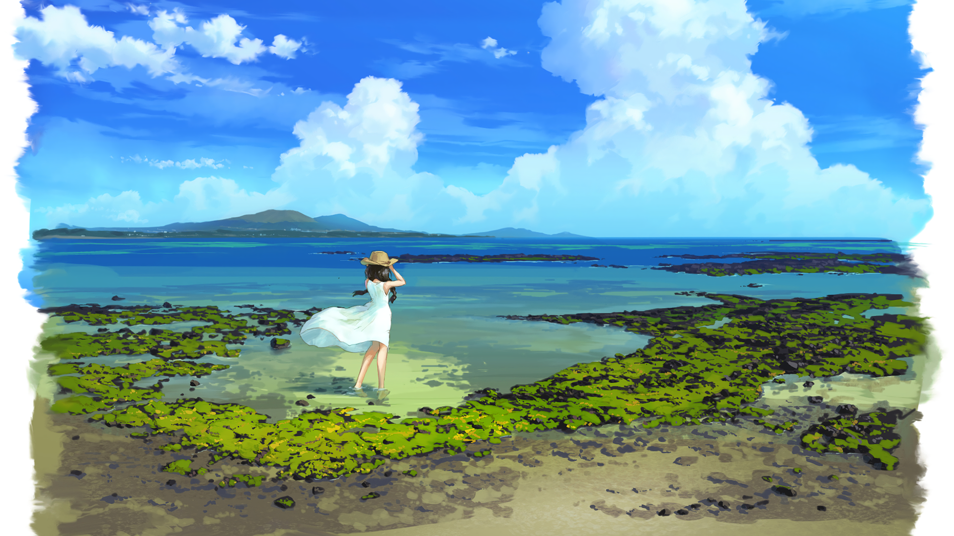 Girl in straw hat by the sea HD Wallpaper