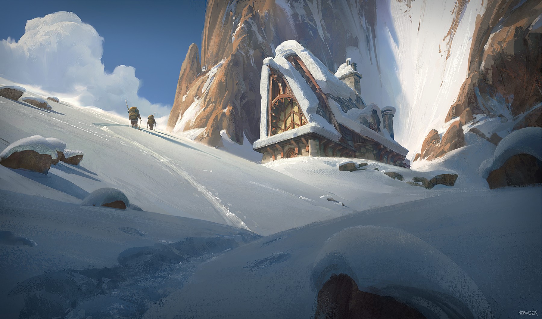 Two hikers ascend a snowy mountain towards a snow-covered cabin. HD Wallpaper