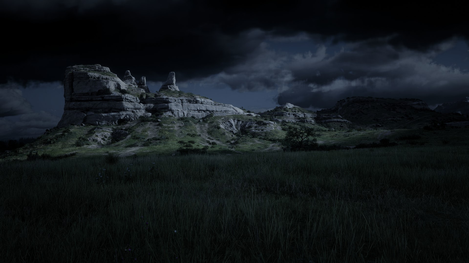 Red Dead Redemption 2 screenshot of rocky landscape at night HD Wallpaper