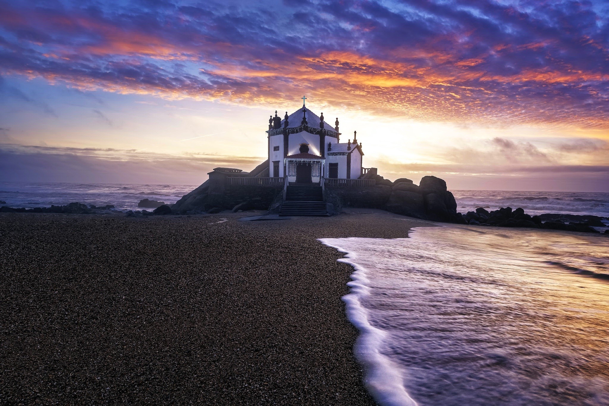 Chapel on the rocks by the sea at sunset HD Wallpaper