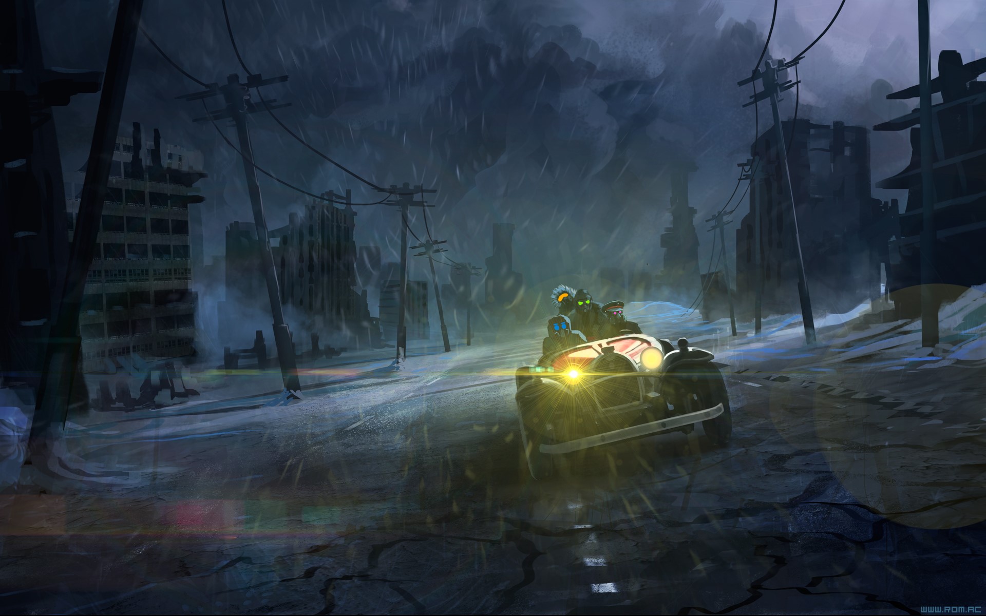Characters in a car driving through a ruined city in the snow HD Wallpaper