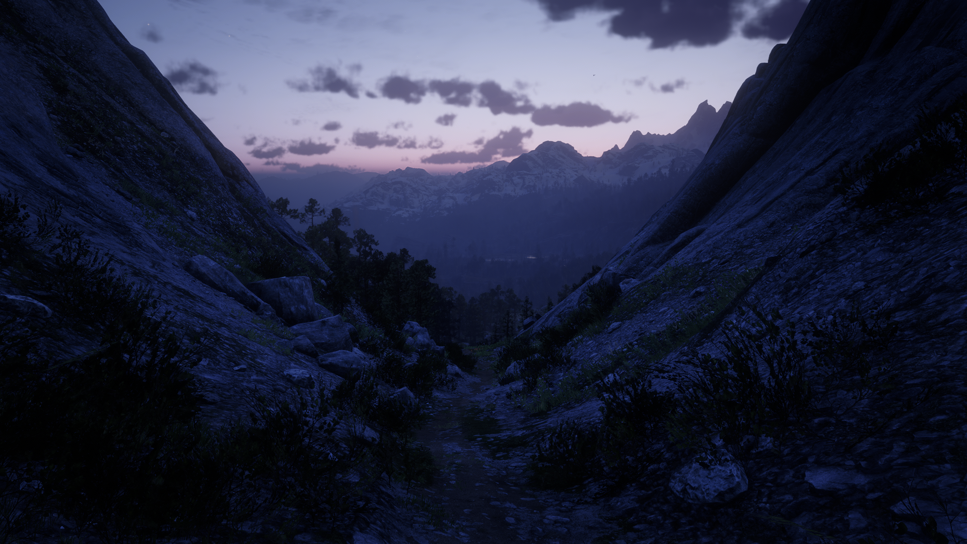 Red Dead Redemption 2 screenshot of a mountain pass at dusk HD Wallpaper