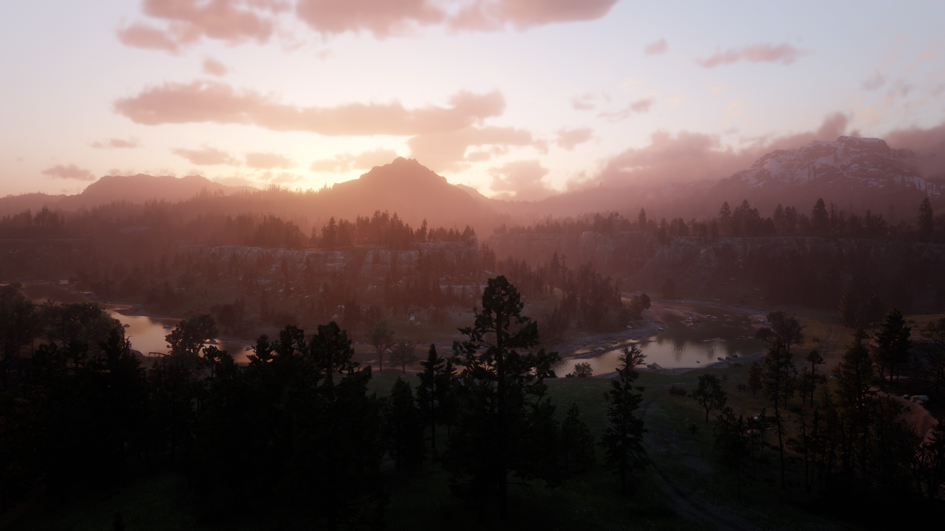 Sunrise over mountains and river in Red Dead Redemption 2 HD Wallpaper