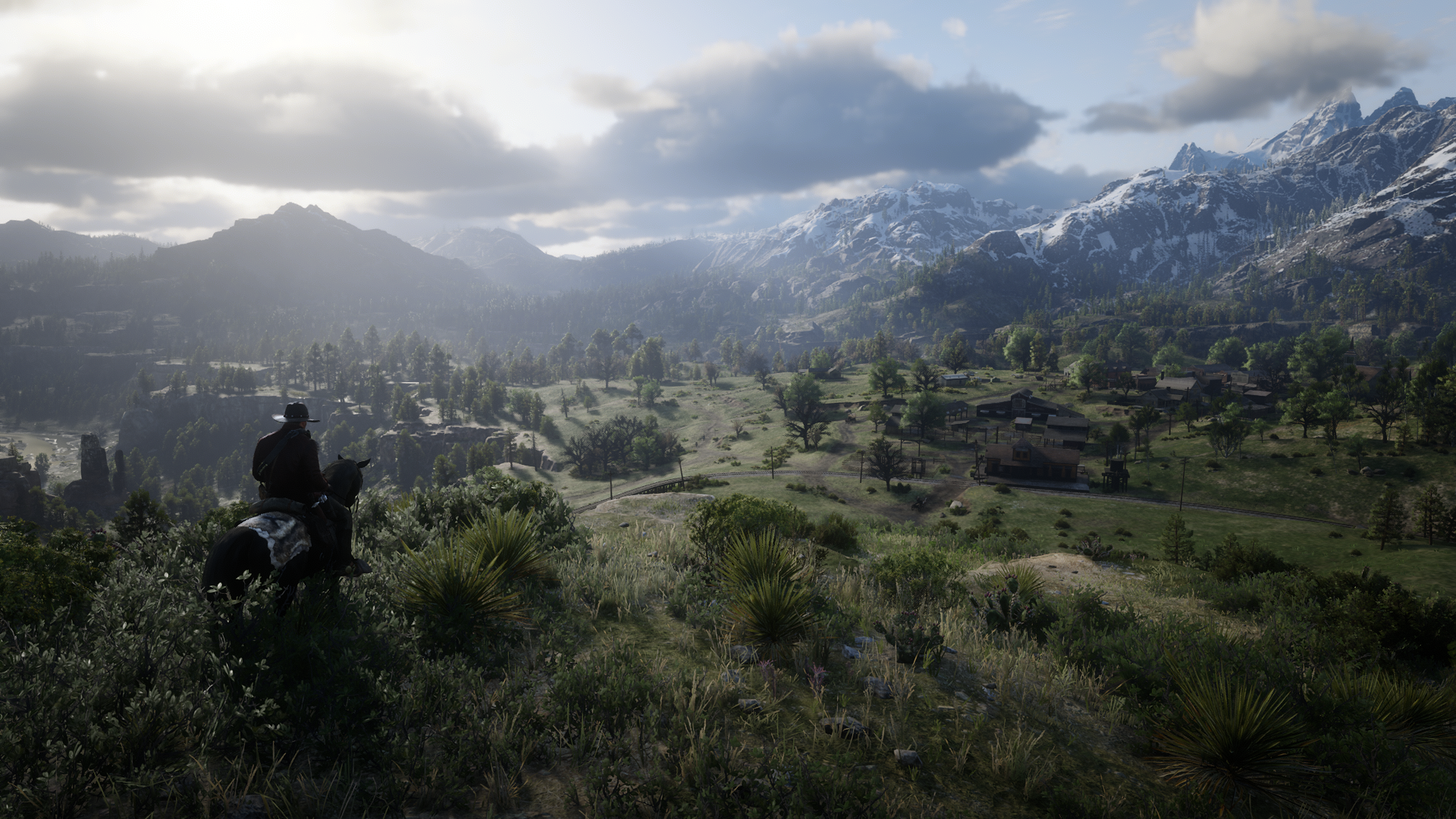 Man on horse overlooking a valley in Red Dead Redemption 2 HD Wallpaper