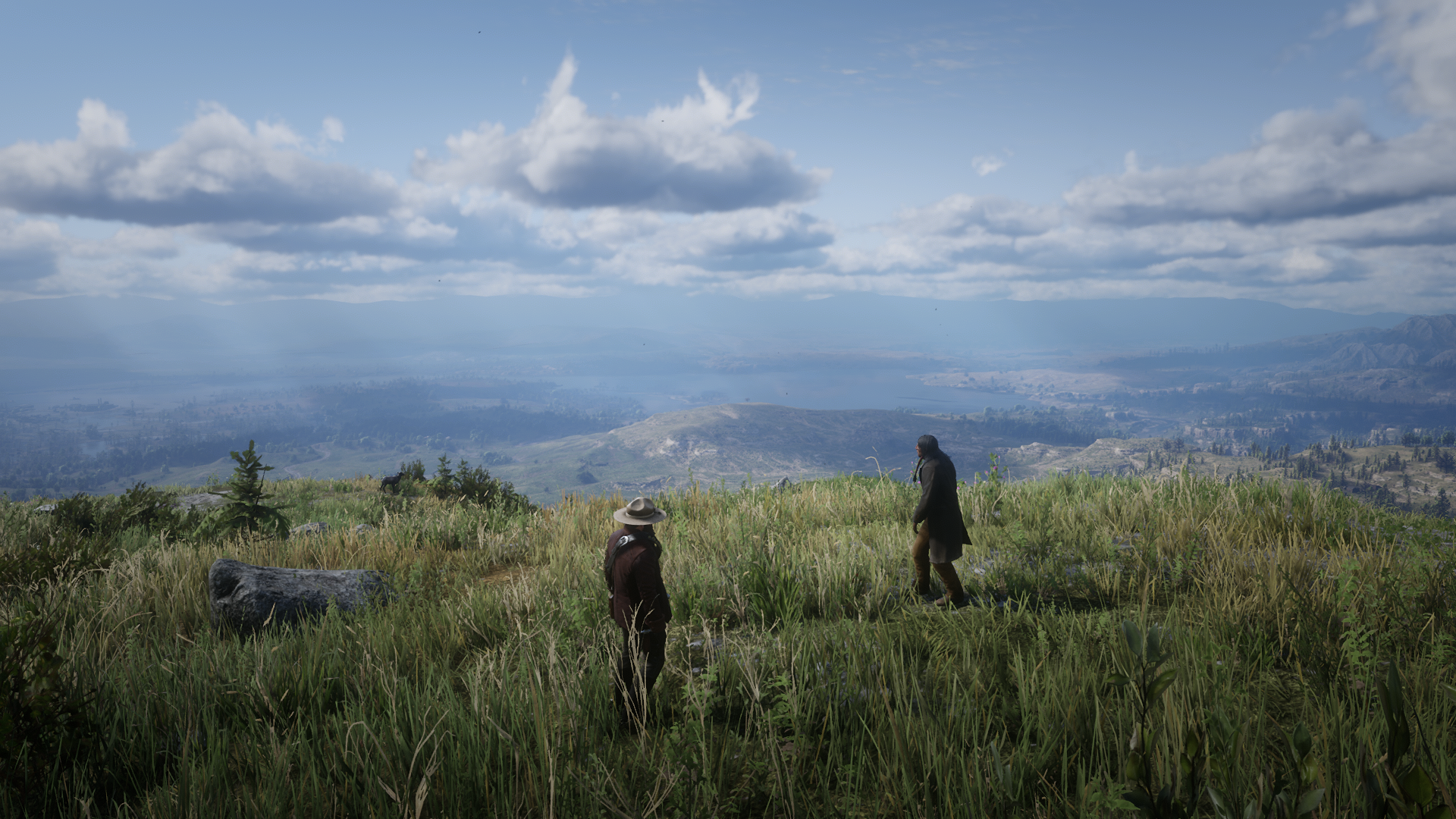 Two men on a grassy hilltop overlooking a valley in Red Dead Redemption 2 HD Wallpaper