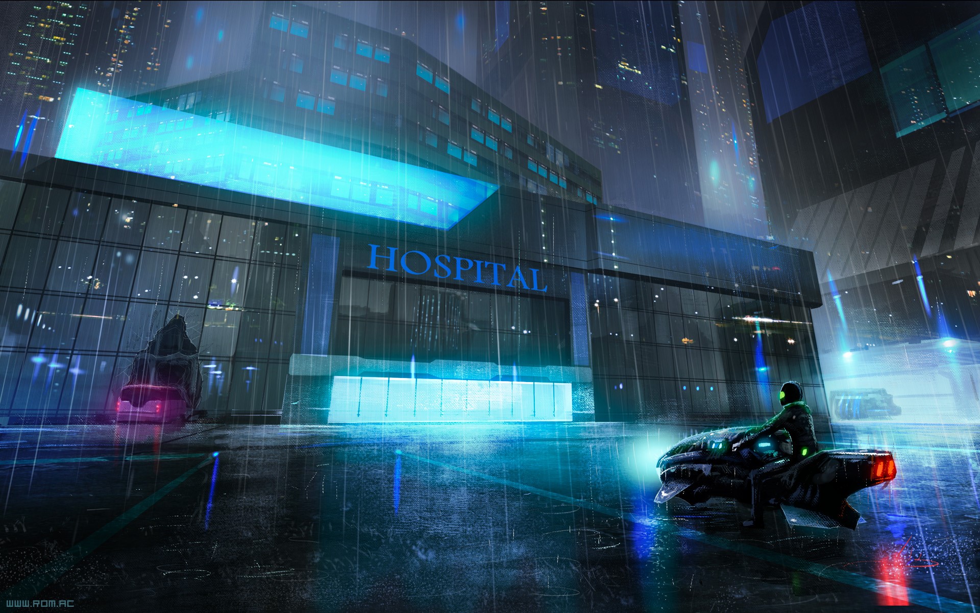 Futuristic hospital in a rainy cityscape at night HD Wallpaper