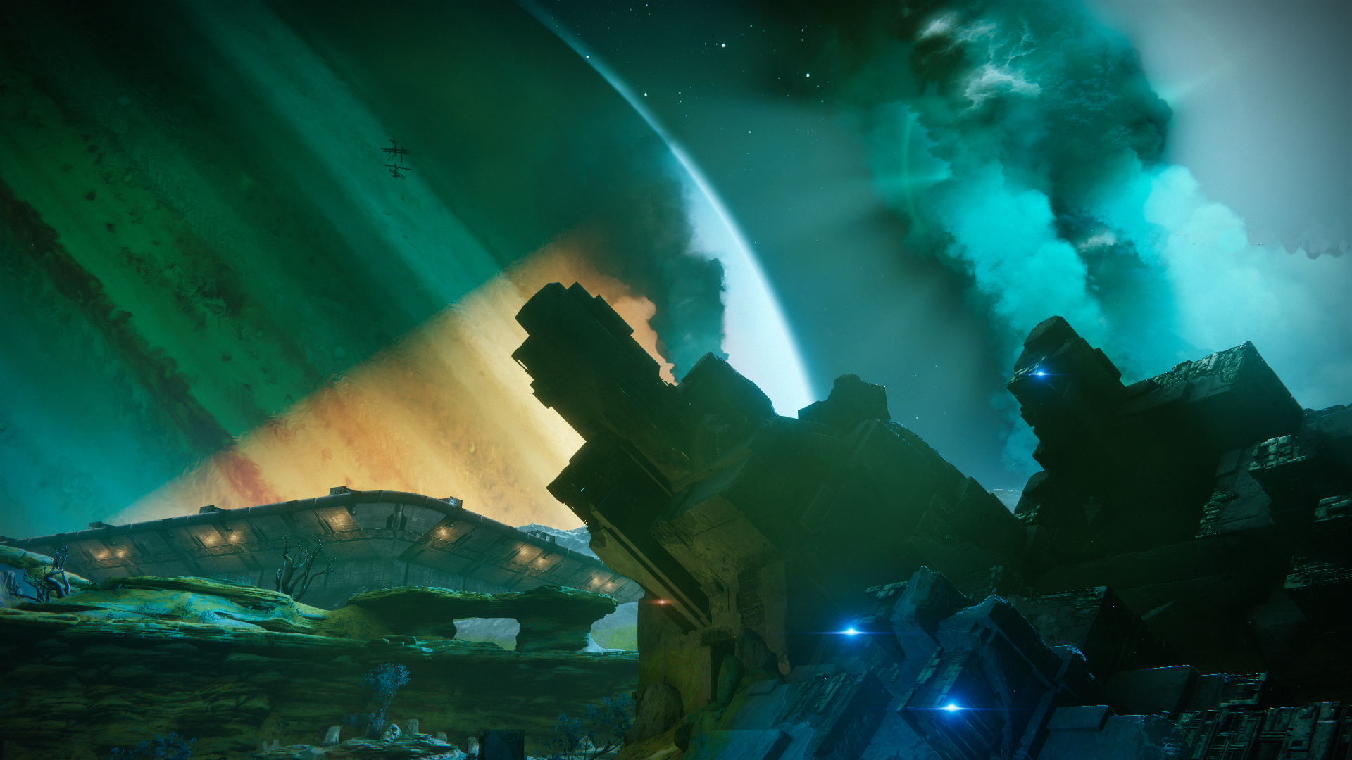 Destiny 2: Alien structures on a planet with a gas giant HD Wallpaper