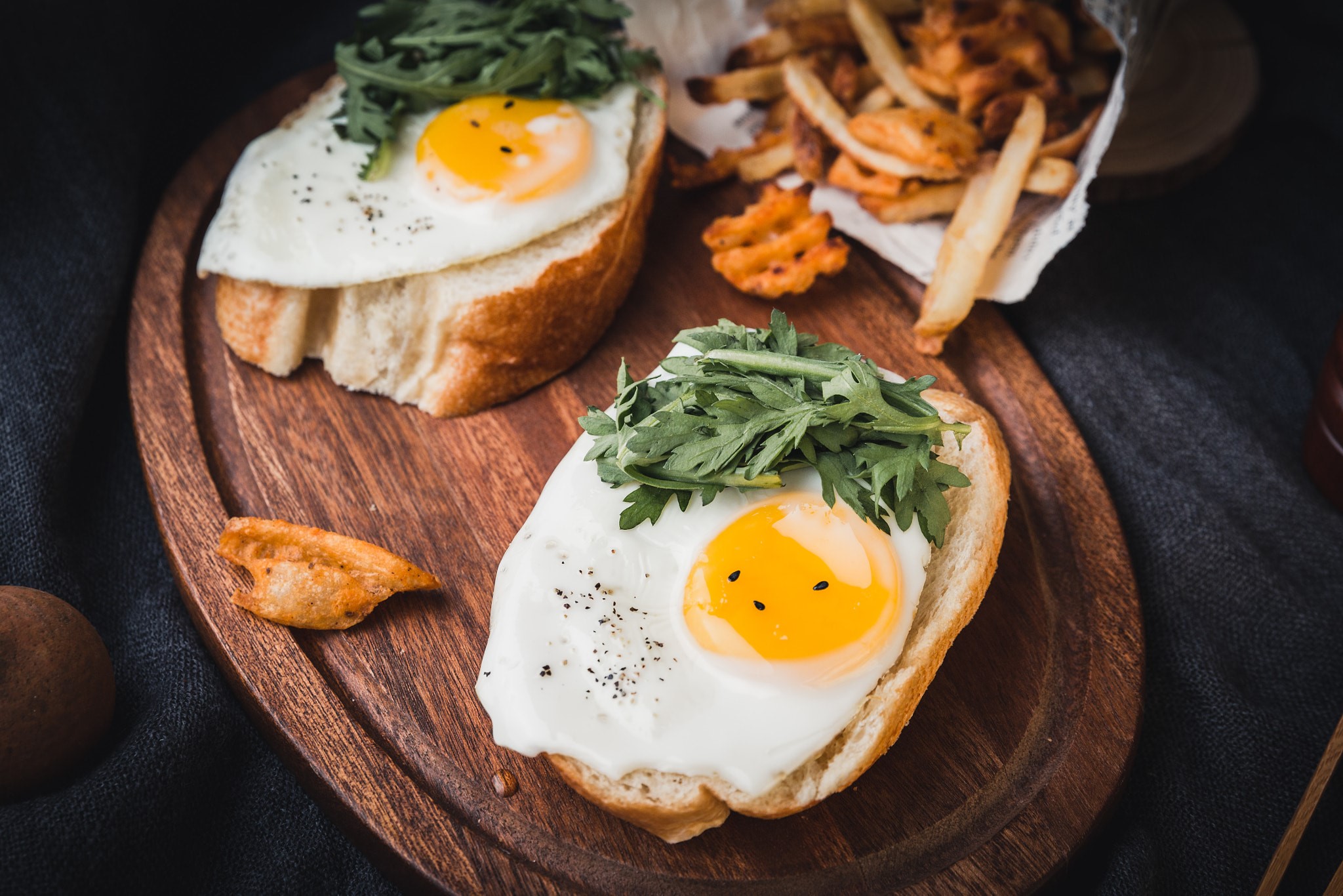 Fried eggs on toast with fries HD Wallpaper