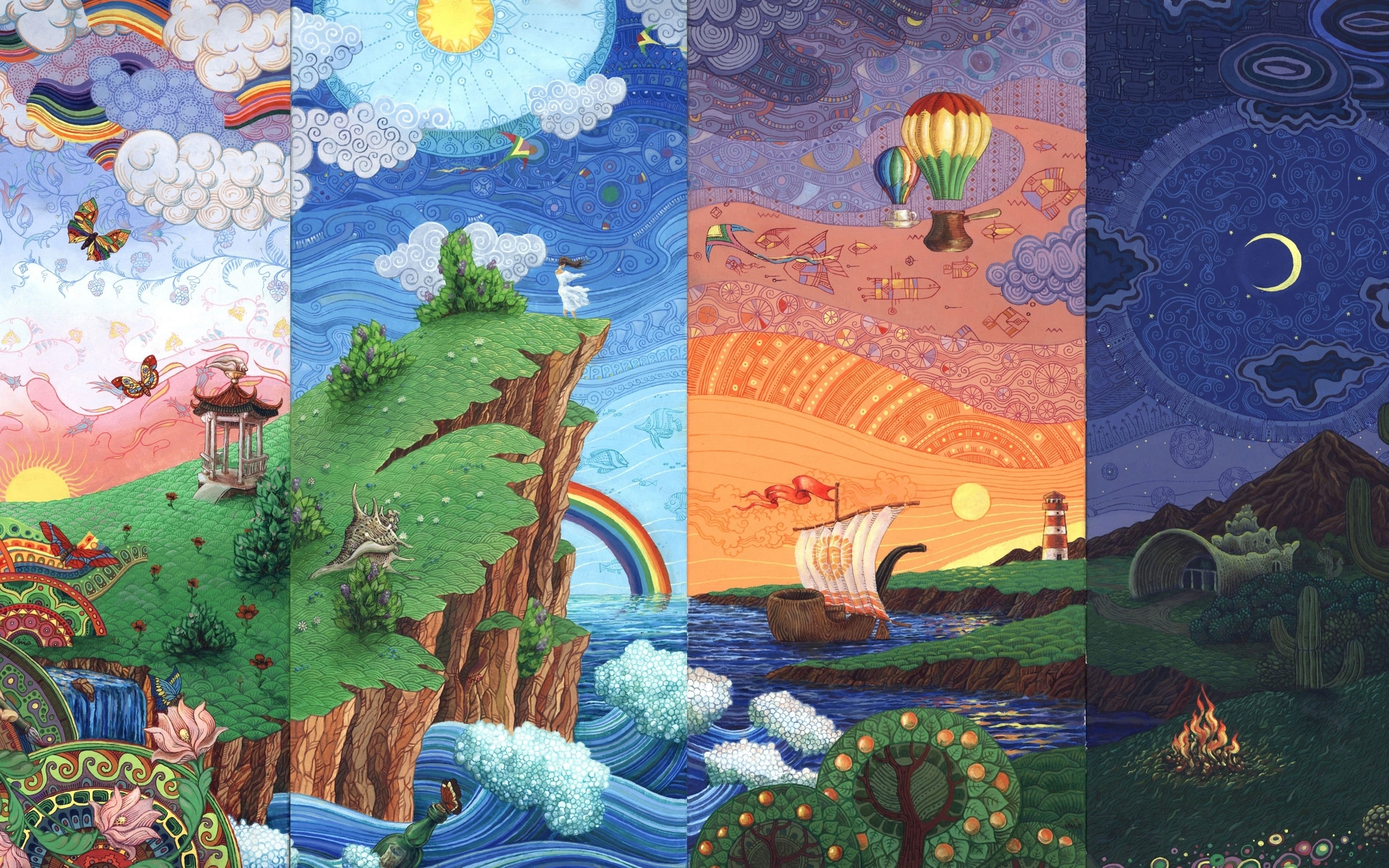 Surreal landscape artwork depicting day and night cycles HD Wallpaper