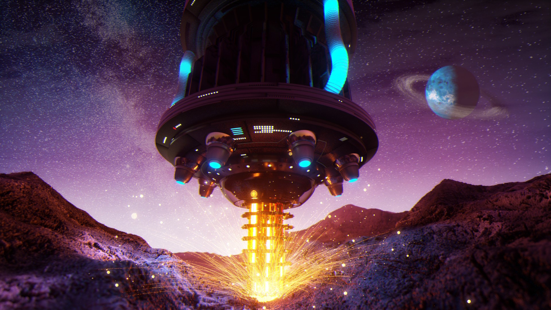 Alien harvester mining on a rocky planet with a ringed planet in the background HD Wallpaper