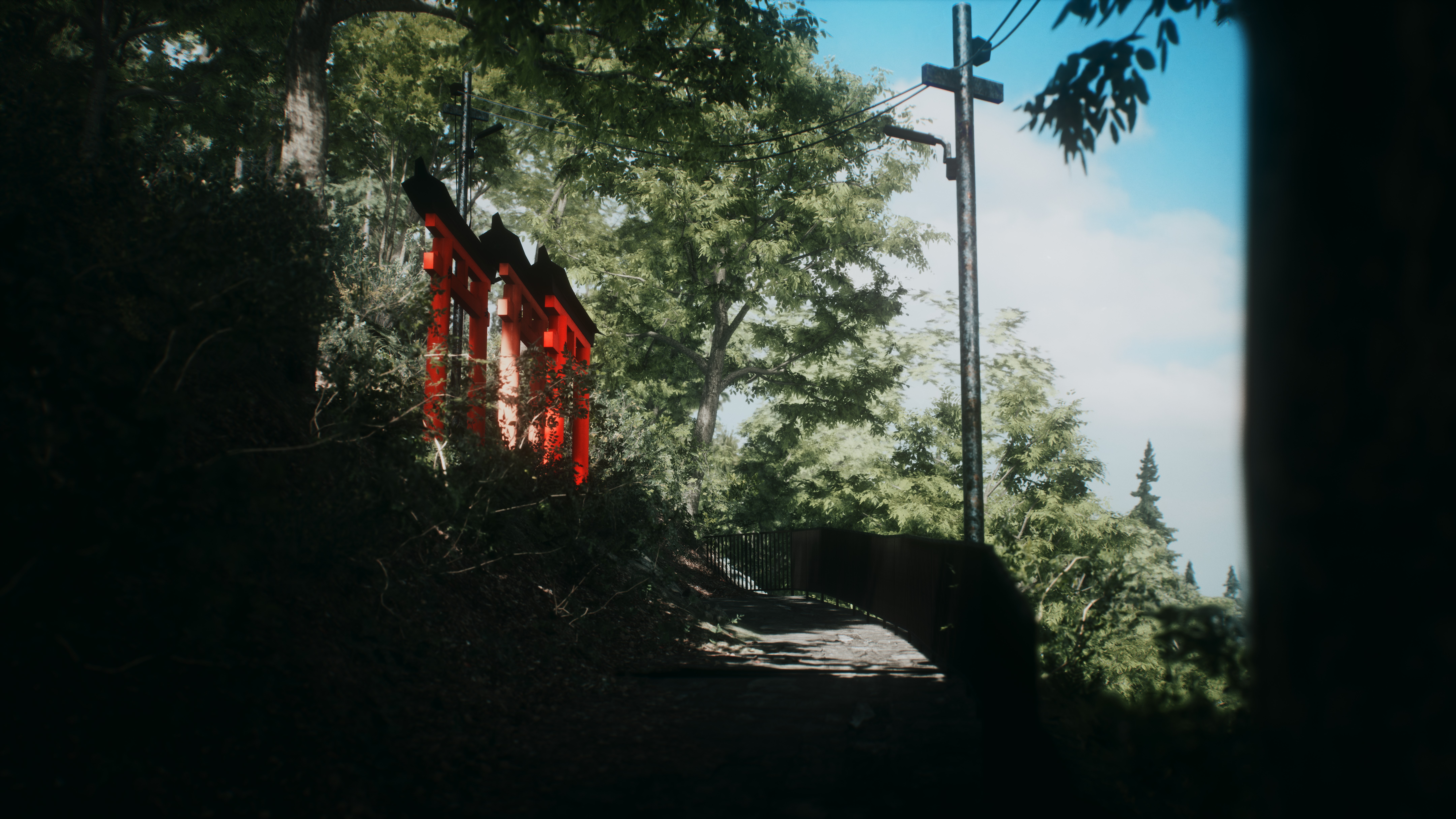 4K screenshot of a red torii gate in a forest HD Wallpaper