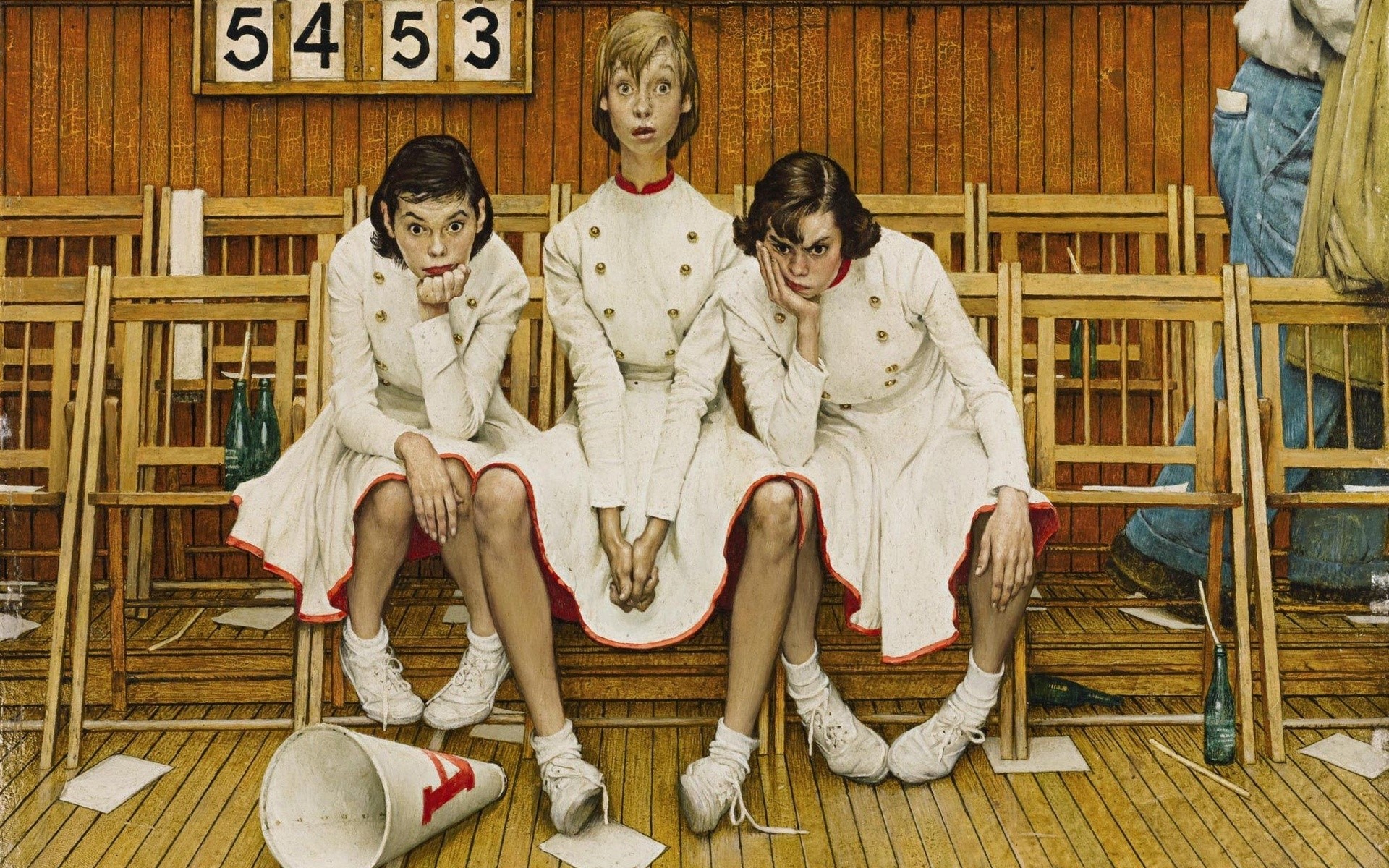 Three girls in uniform sitting on bleachers HD Wallpaper