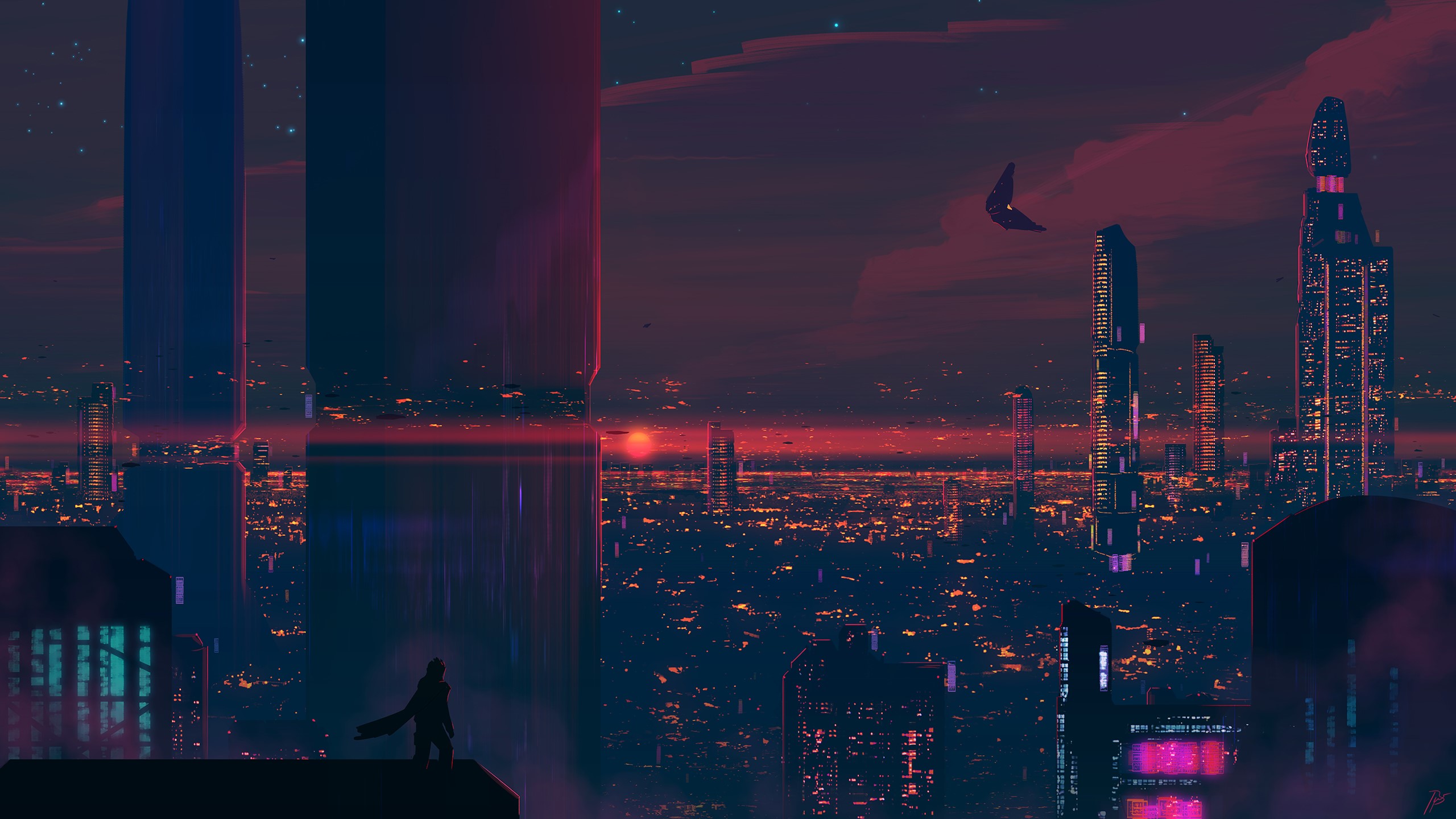 Cyberpunk cityscape at night with a lone figure HD Wallpaper