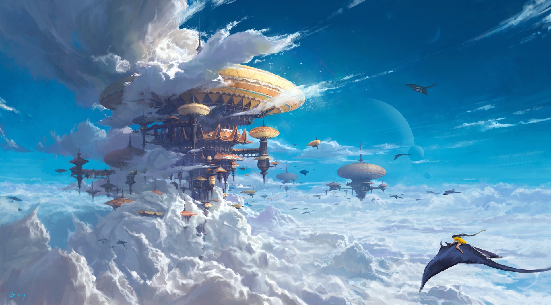 Fantasy city in the clouds with flying creatures HD Wallpaper