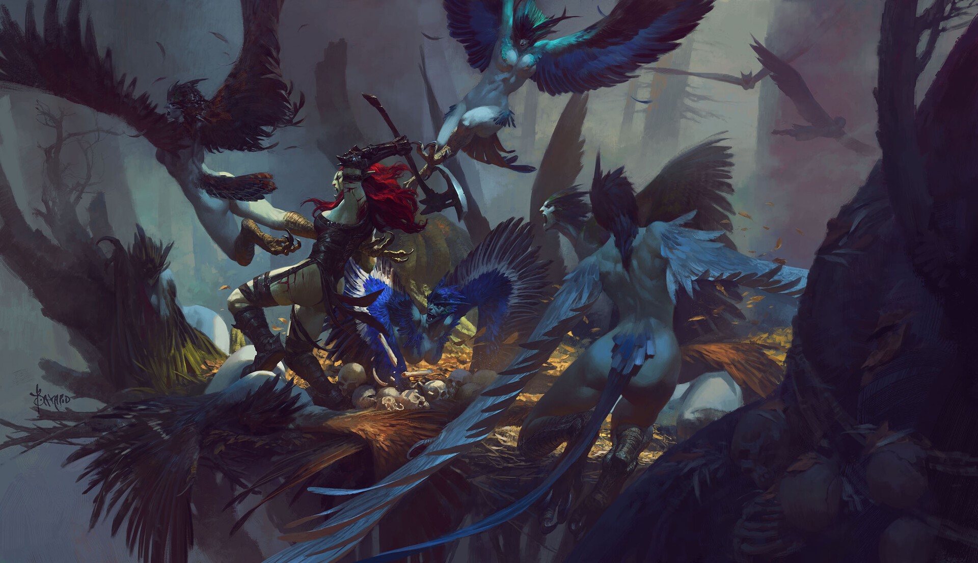 Fantasy battle between a warrior and bird-like creatures HD Wallpaper