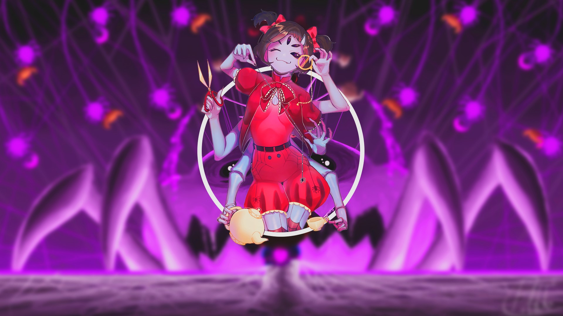 Muffet from Undertale with scissors and tea set HD Wallpaper
