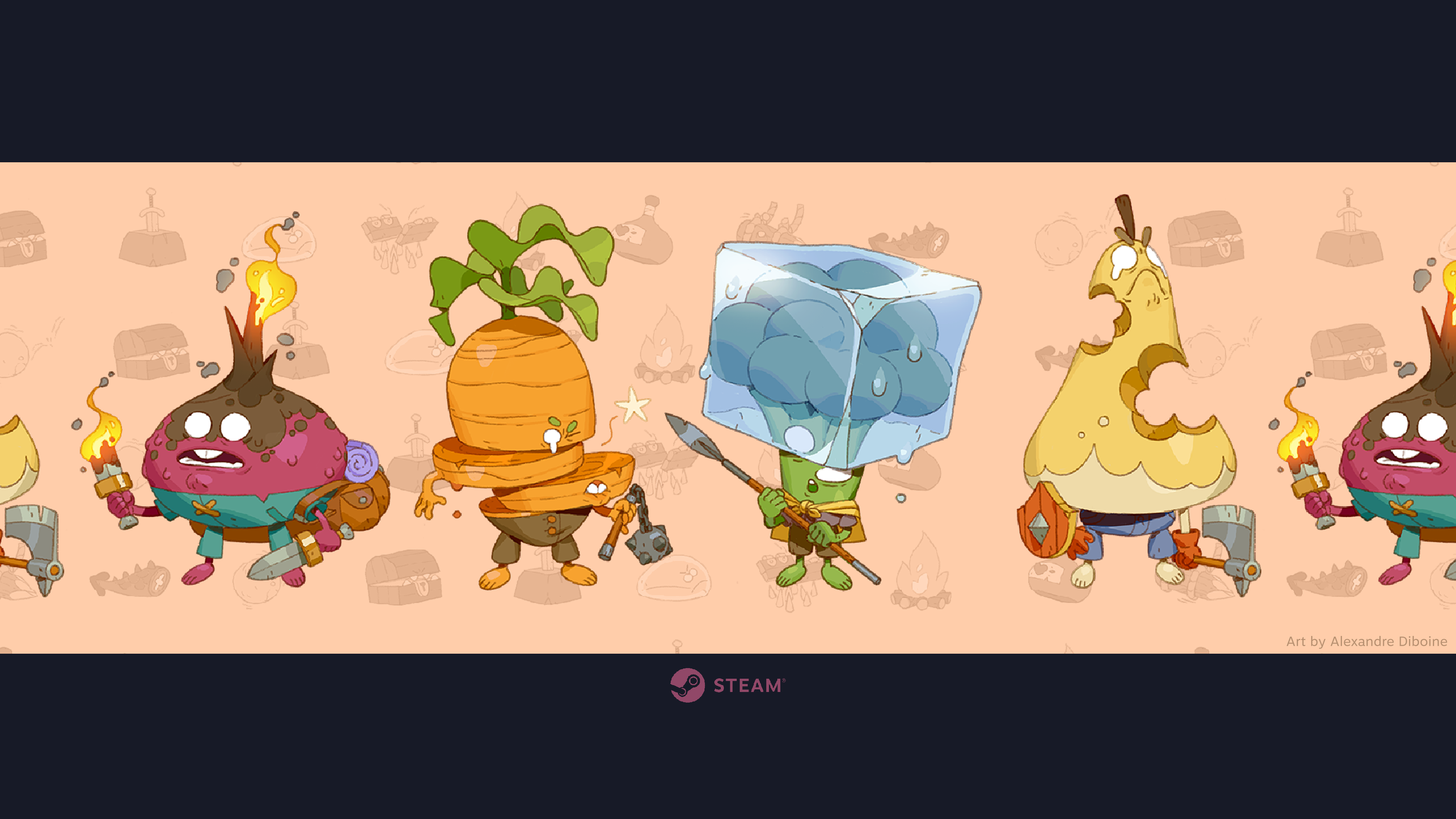 Video game art of vegetable characters on Steam HD Wallpaper