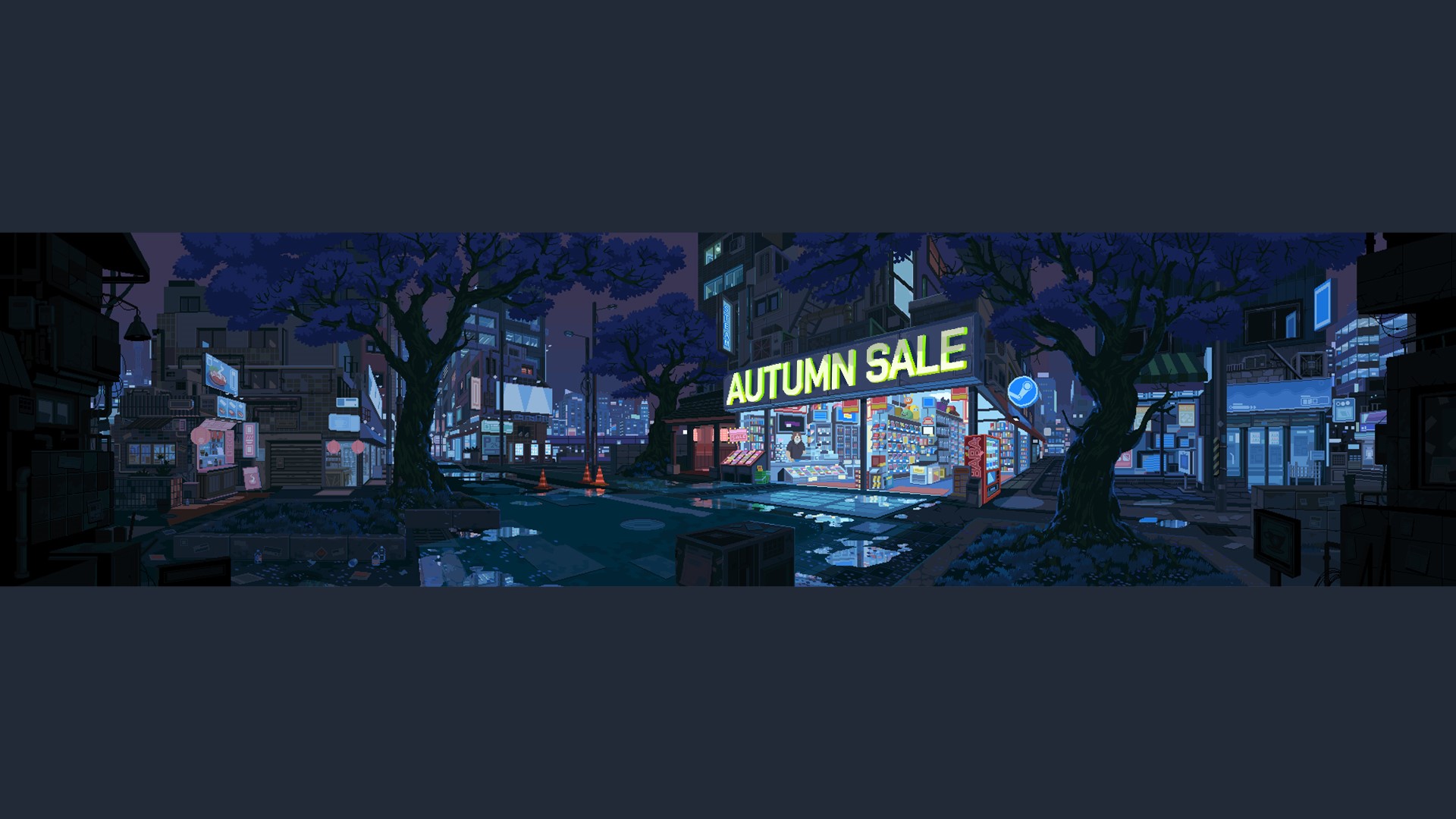 Pixel art city street at night with Autumn Sale sign HD Wallpaper