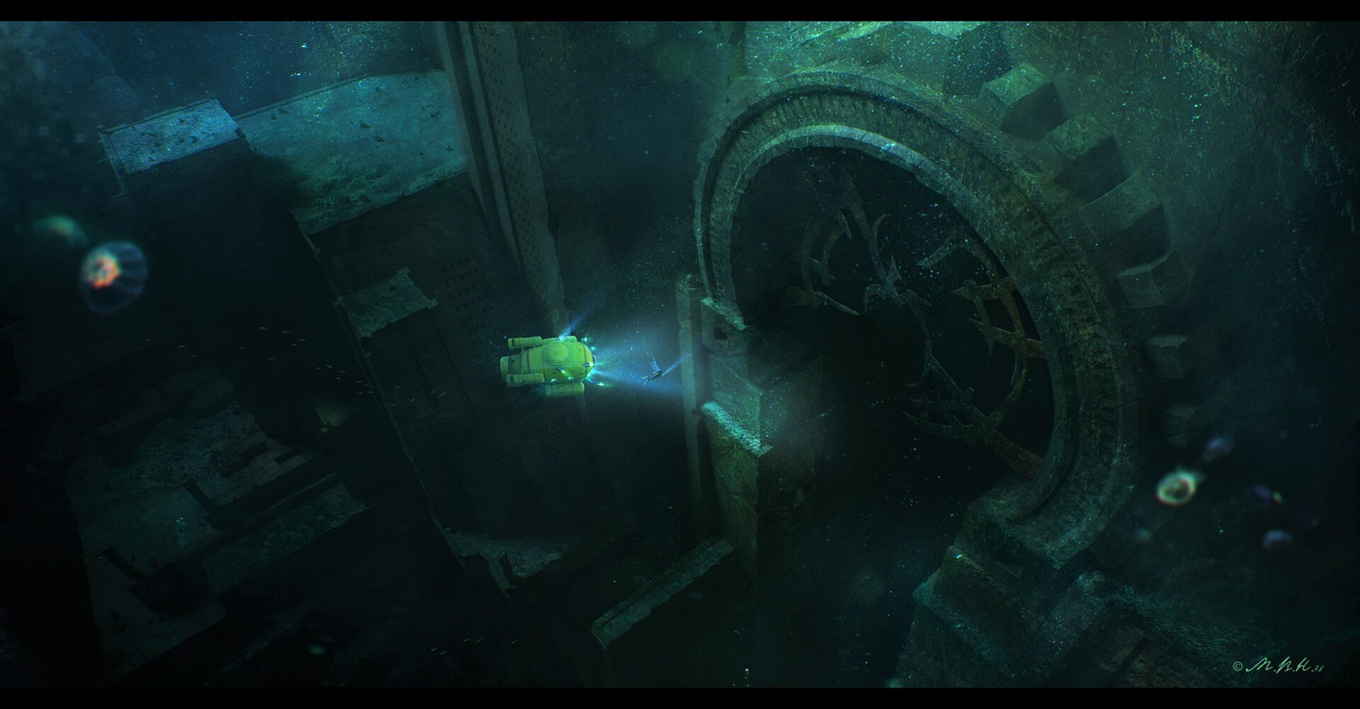 Underwater ancient gates explored by submersible HD Wallpaper