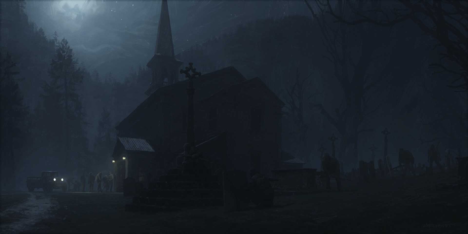 Horror scene with church, forest, and figures at night HD Wallpaper